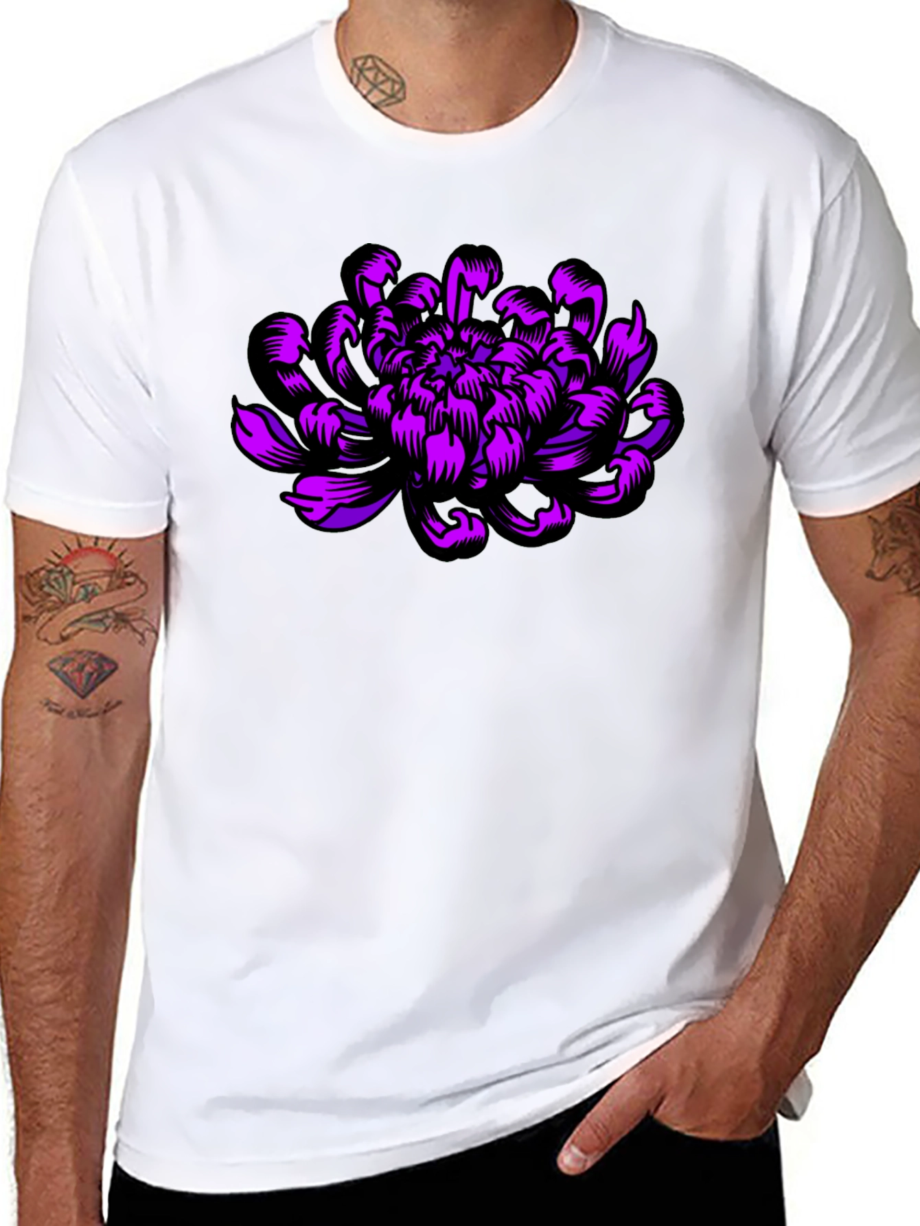 Black T-Shirt with Purple Flower Design