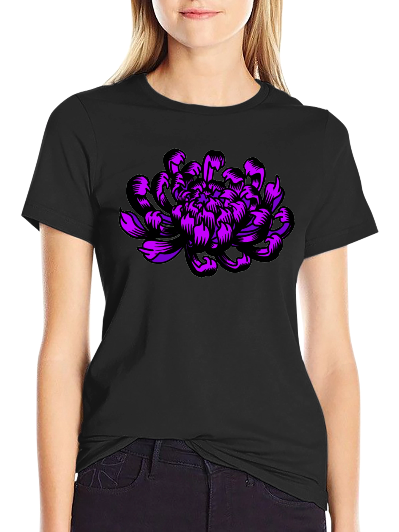 Black T-Shirt with Purple Flower Design