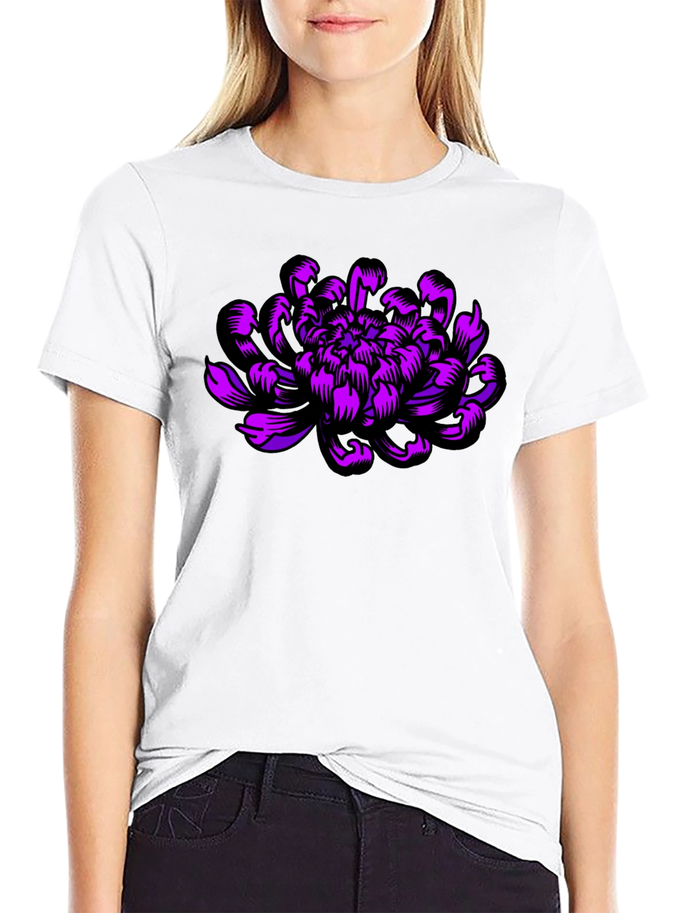 Black T-Shirt with Purple Flower Design