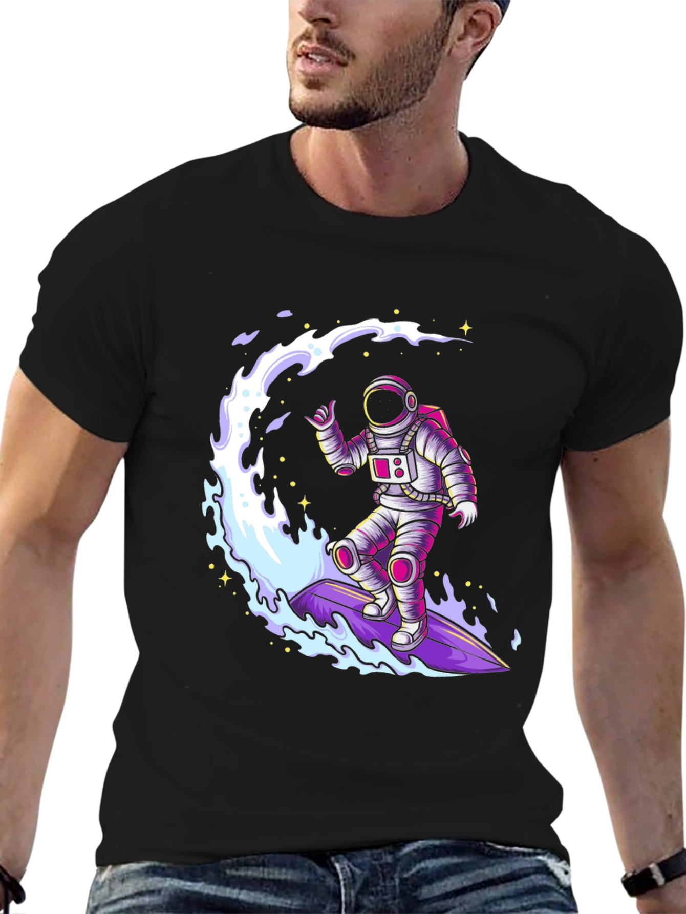 Astronaut Surfing T-Shirt - Black Graphic Tee