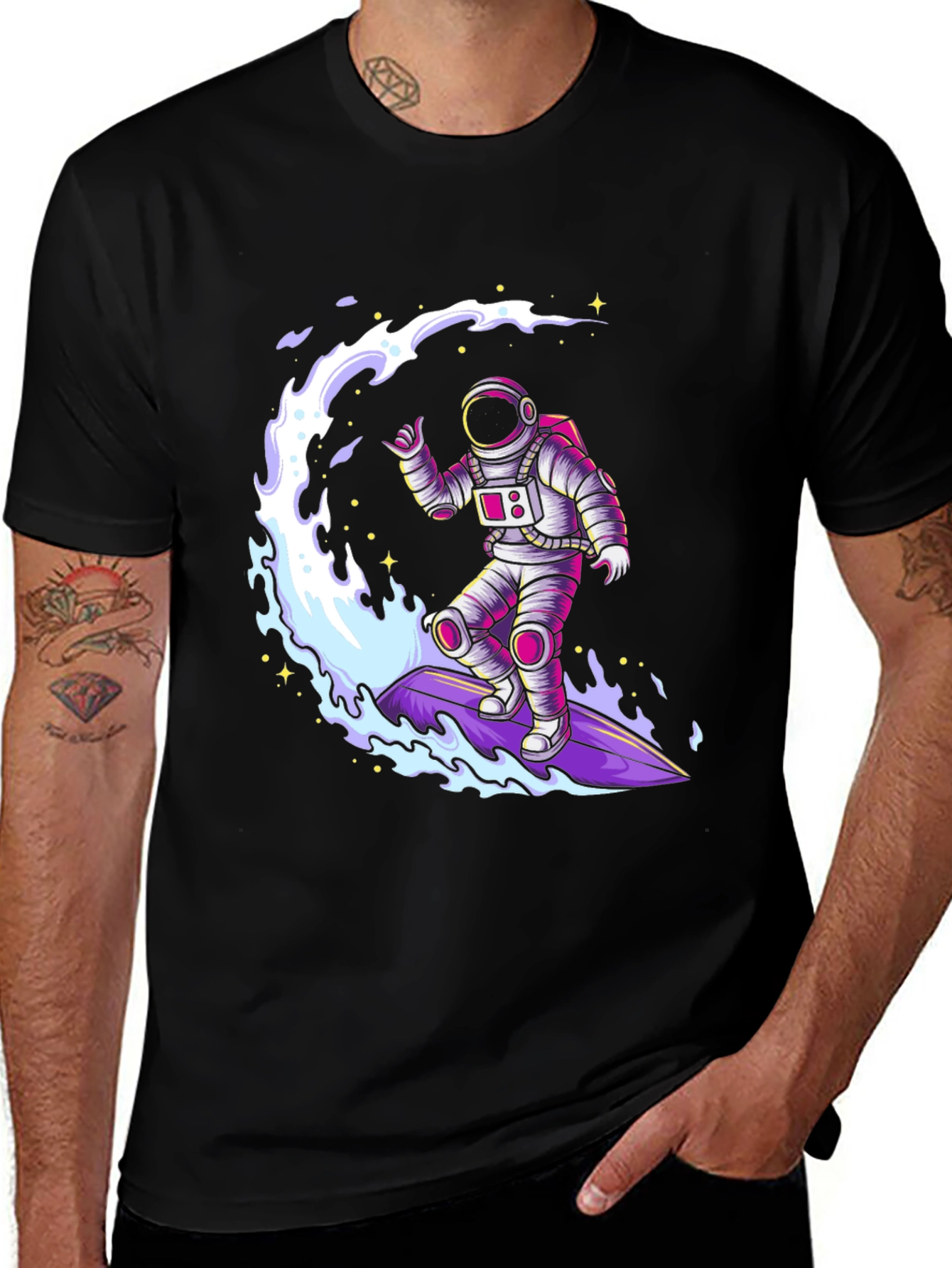 Astronaut Surfing T-Shirt - Black Graphic Tee