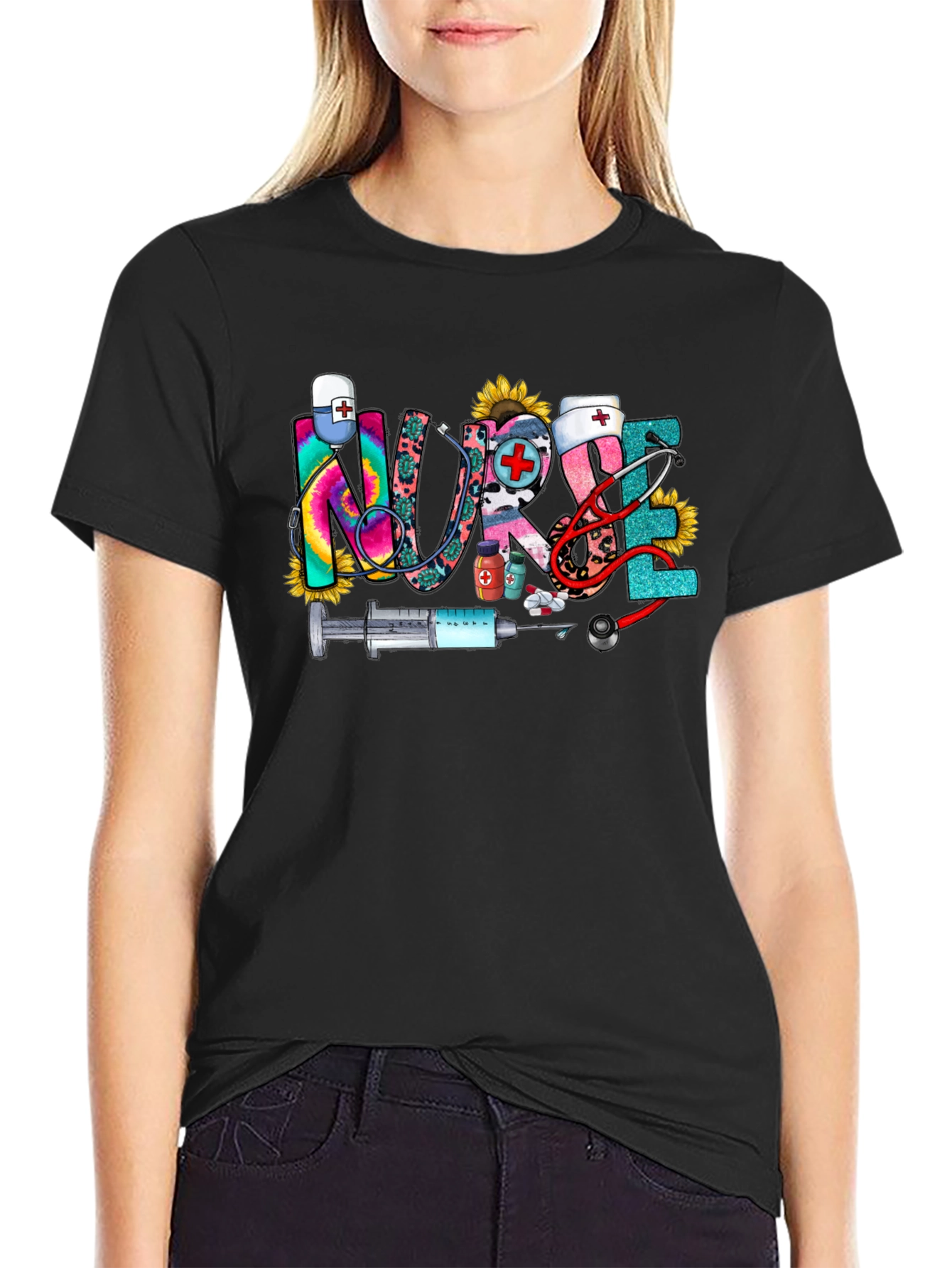 Nurse Themed Graphic Print Crew Neck T-Shirt