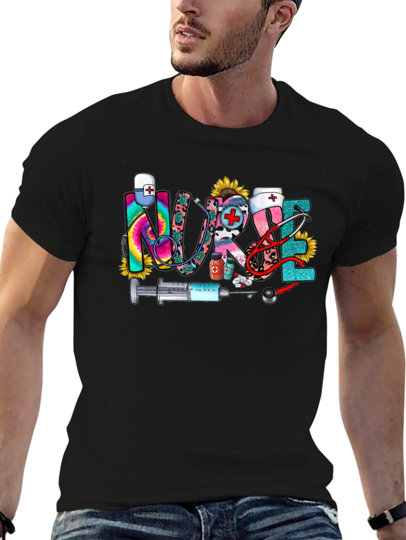 Nurse Themed Graphic Print Crew Neck T-Shirt