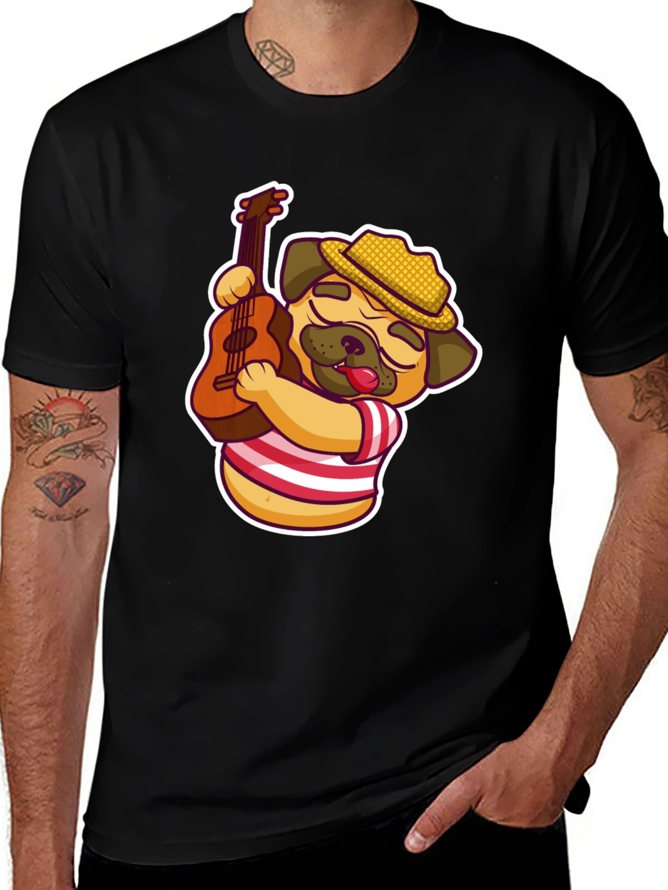 Cool Pug Guitarist T-Shirt - Black