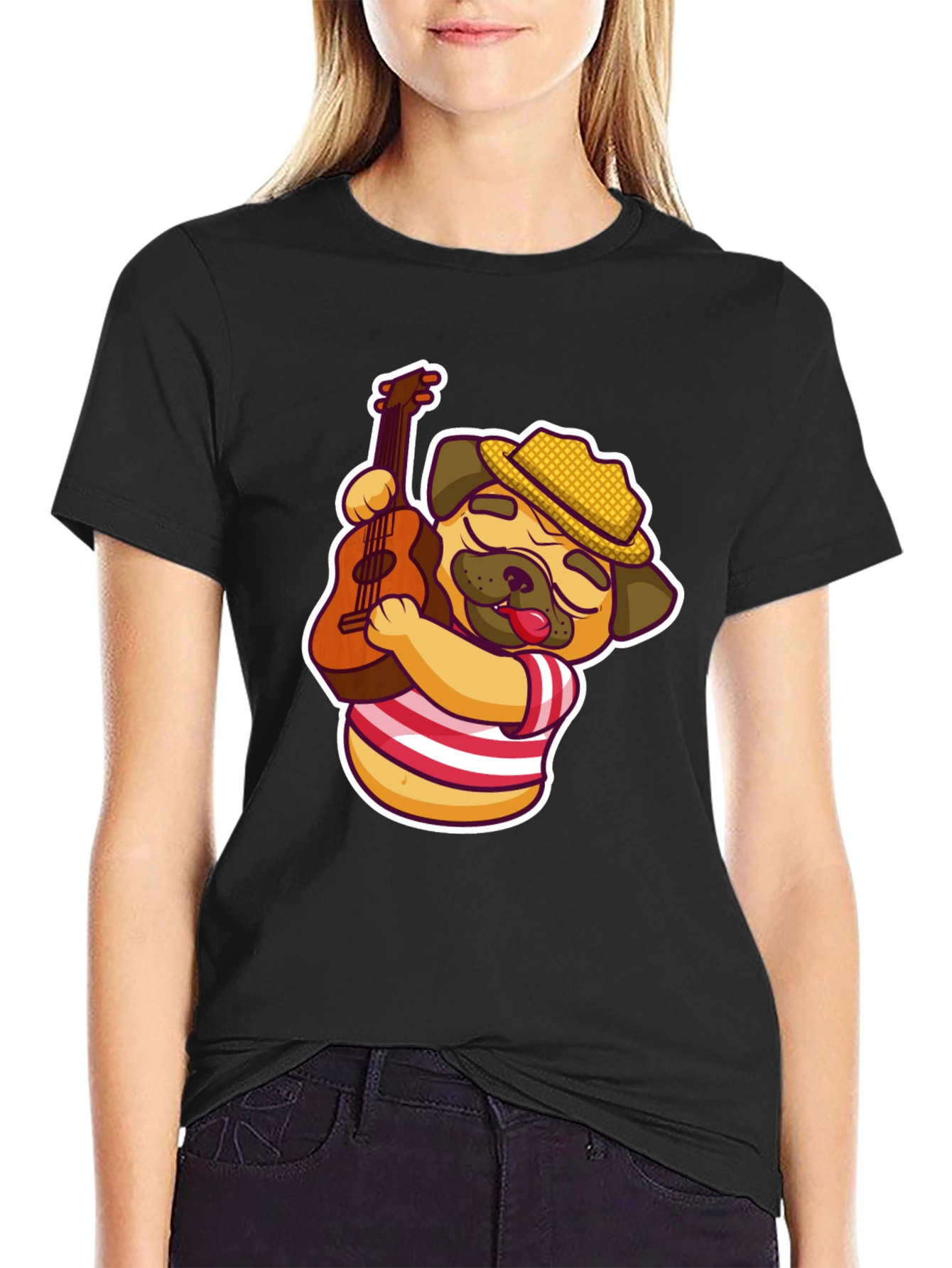 Cool Pug Guitarist T-Shirt - Black