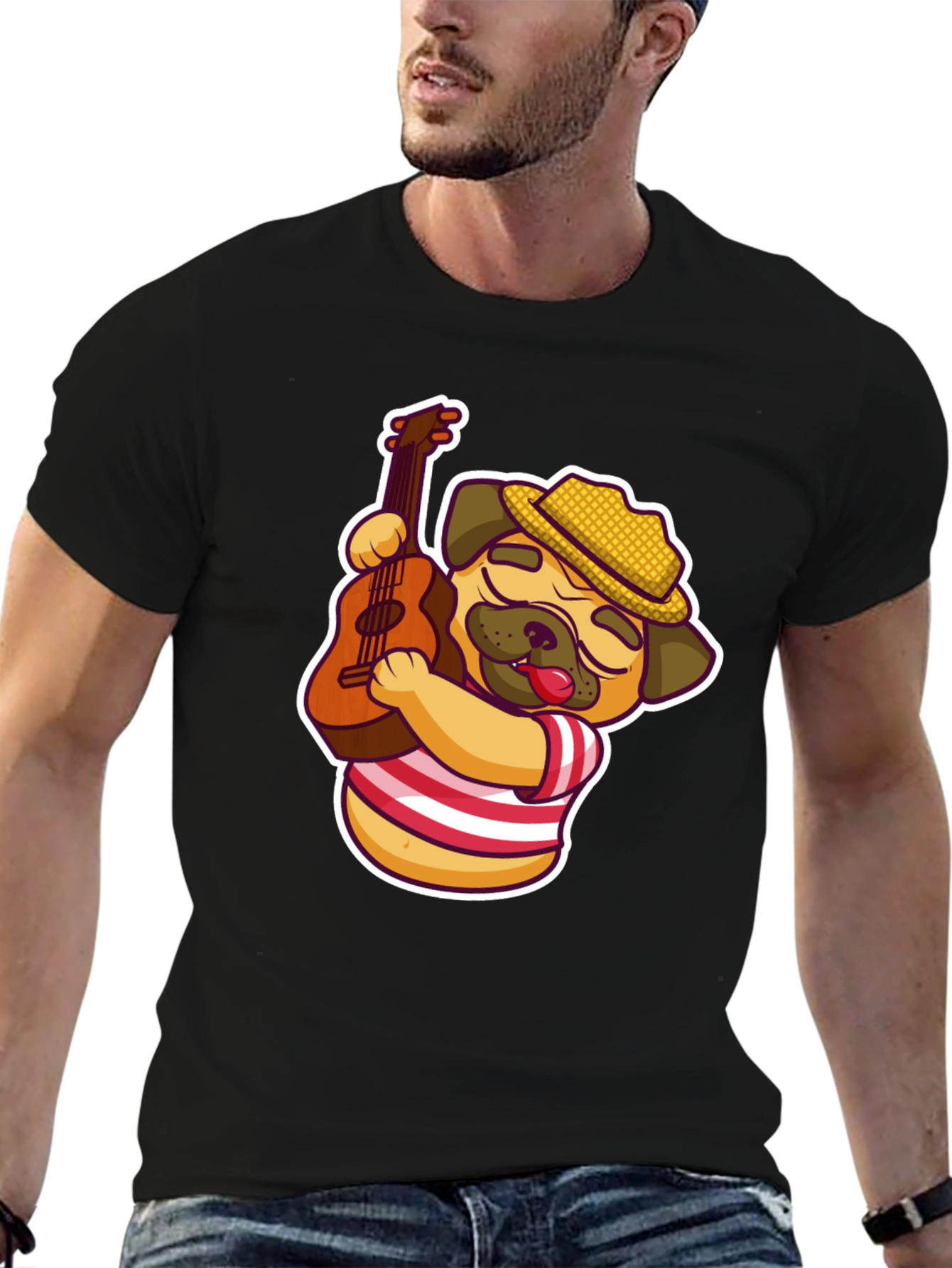 Cool Pug Guitarist T-Shirt - Black