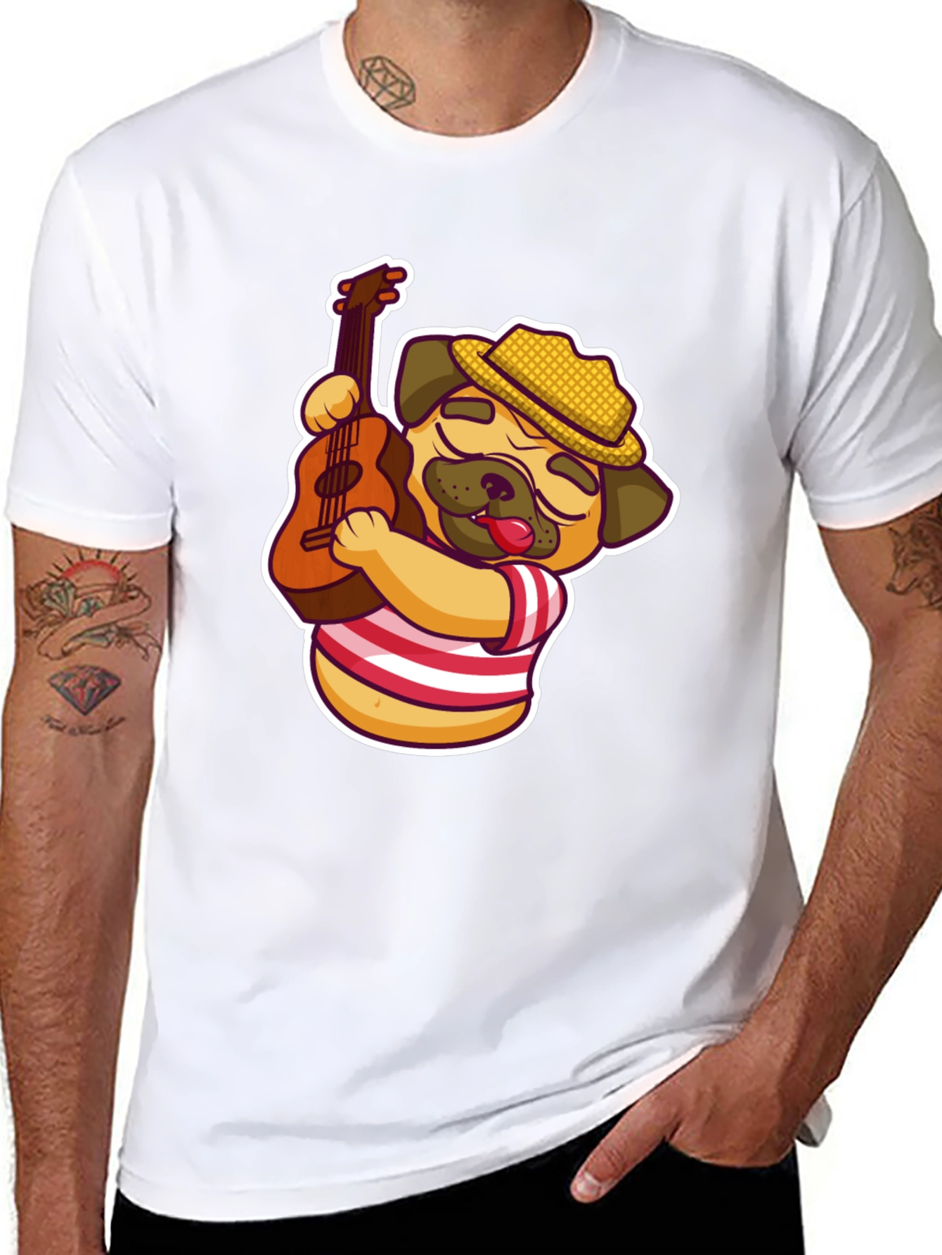 Cool Pug Guitarist T-Shirt - Black