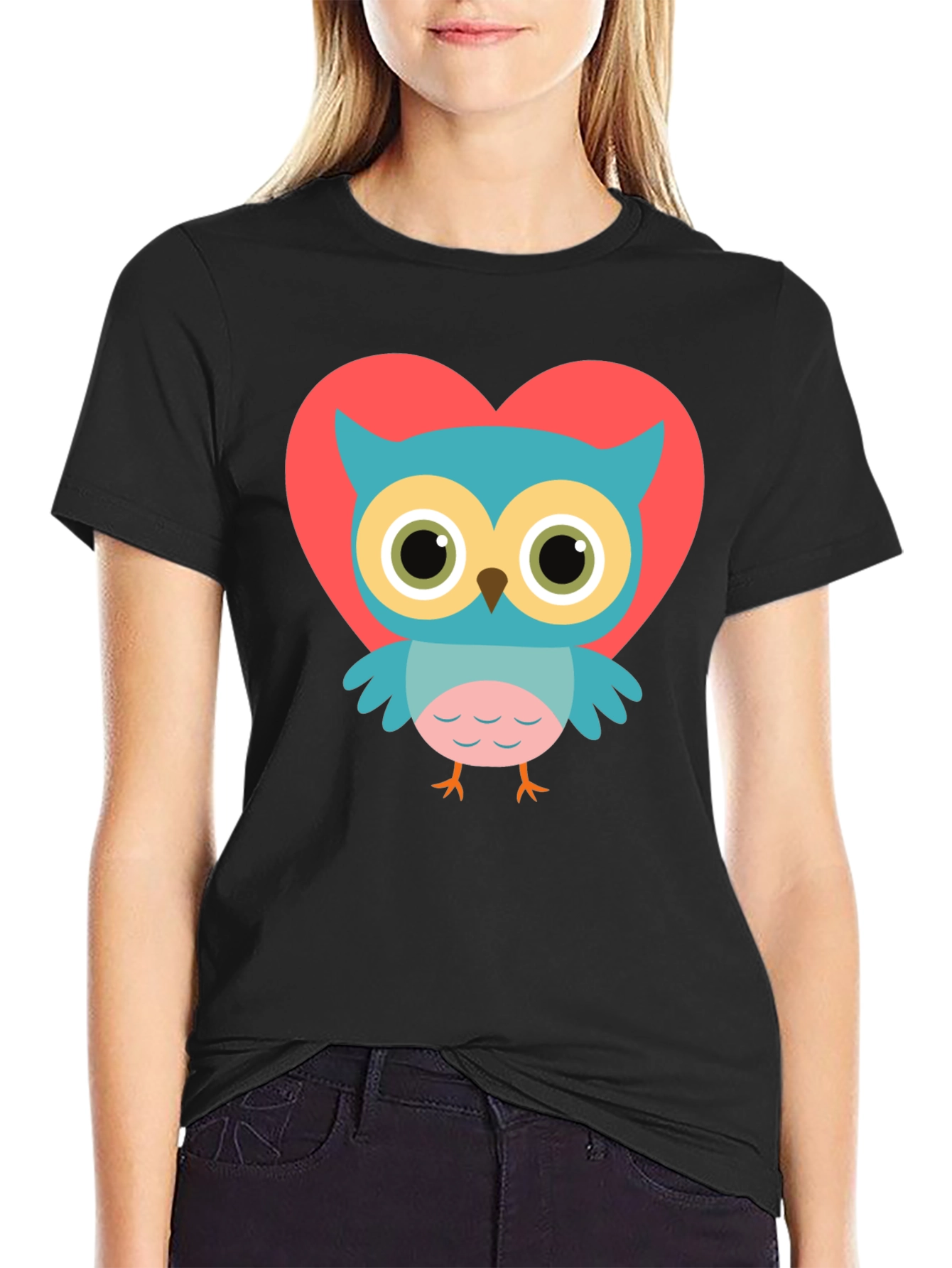 Cute Owl Heart Graphic Black T-Shirt