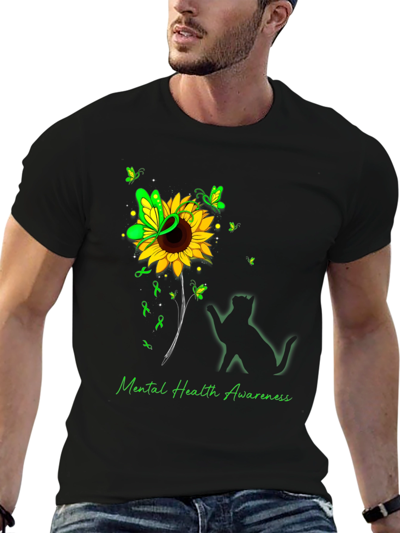 Mental Health Awareness Sunflower Cat T-Shirt