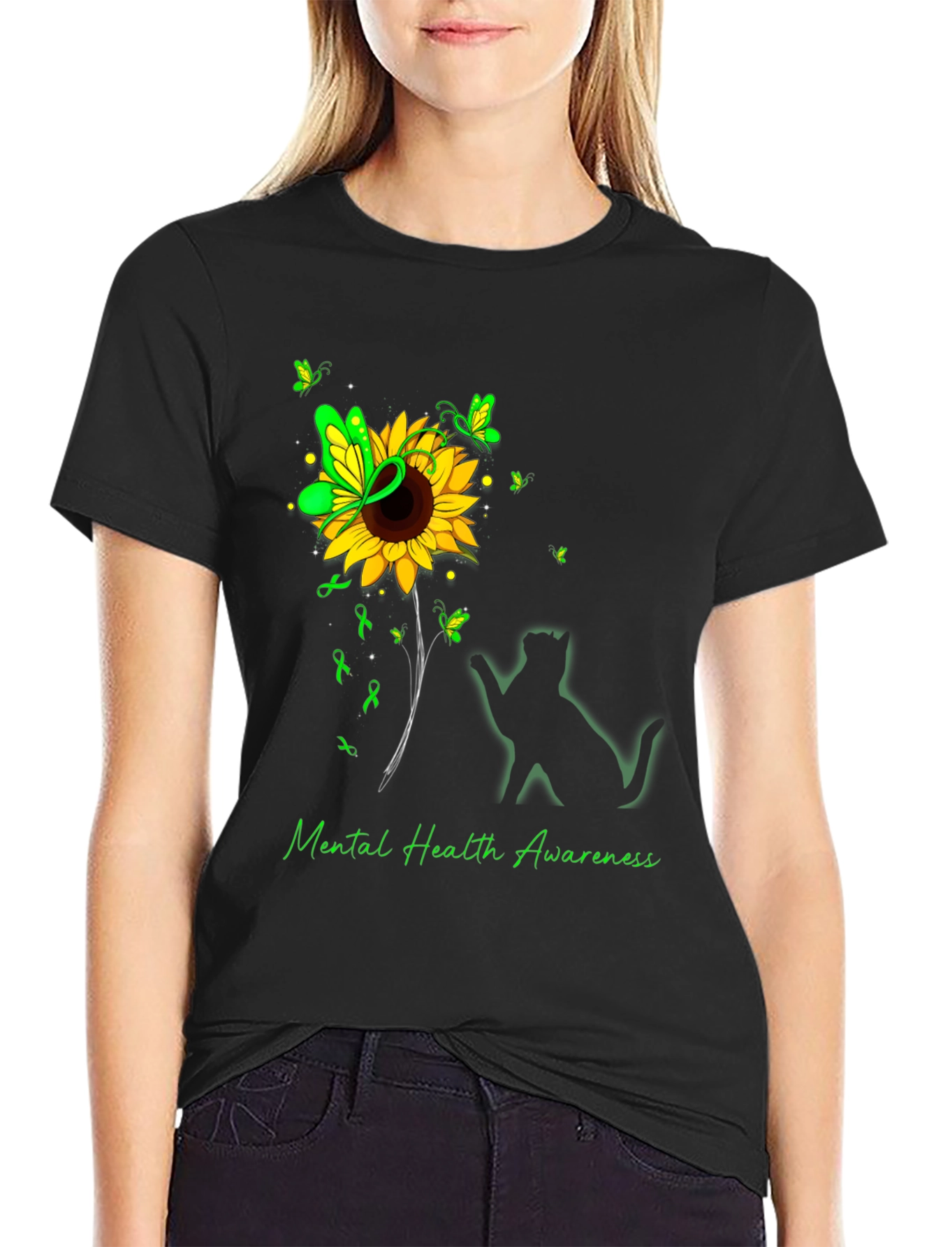 Mental Health Awareness Sunflower Cat T-Shirt