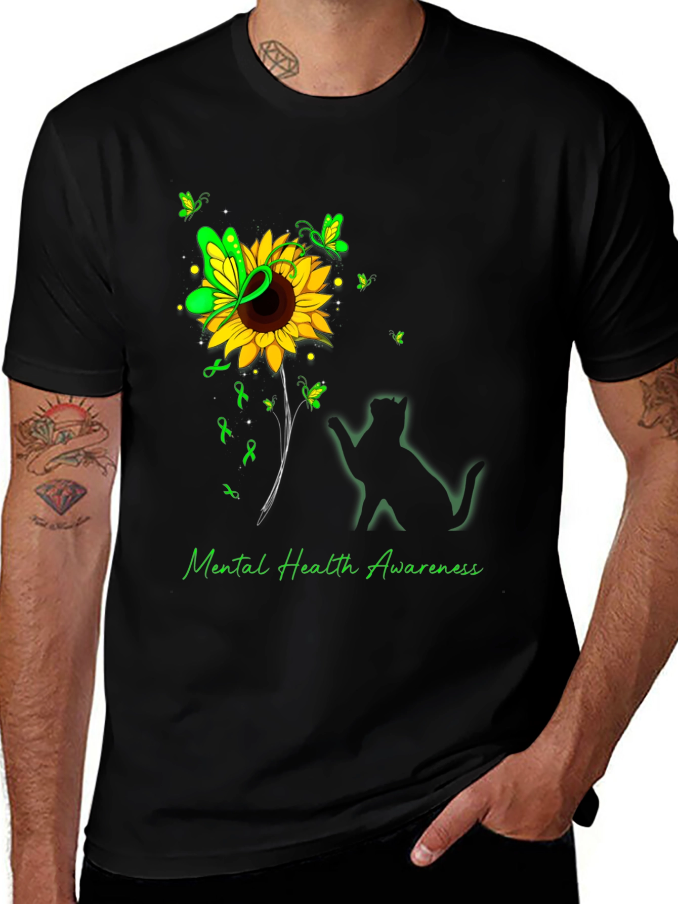 Mental Health Awareness Sunflower Cat T-Shirt