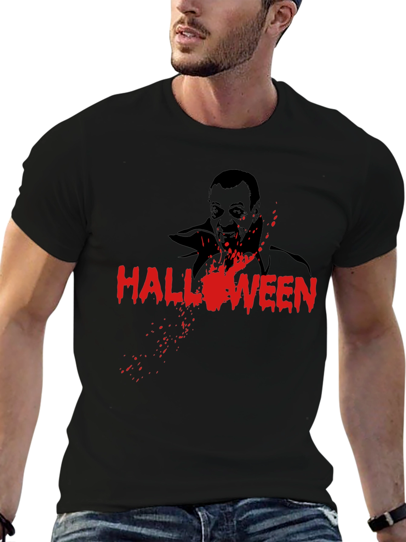 Halloween Vampire Graphic Tee - Black Cotton T-Shirt
