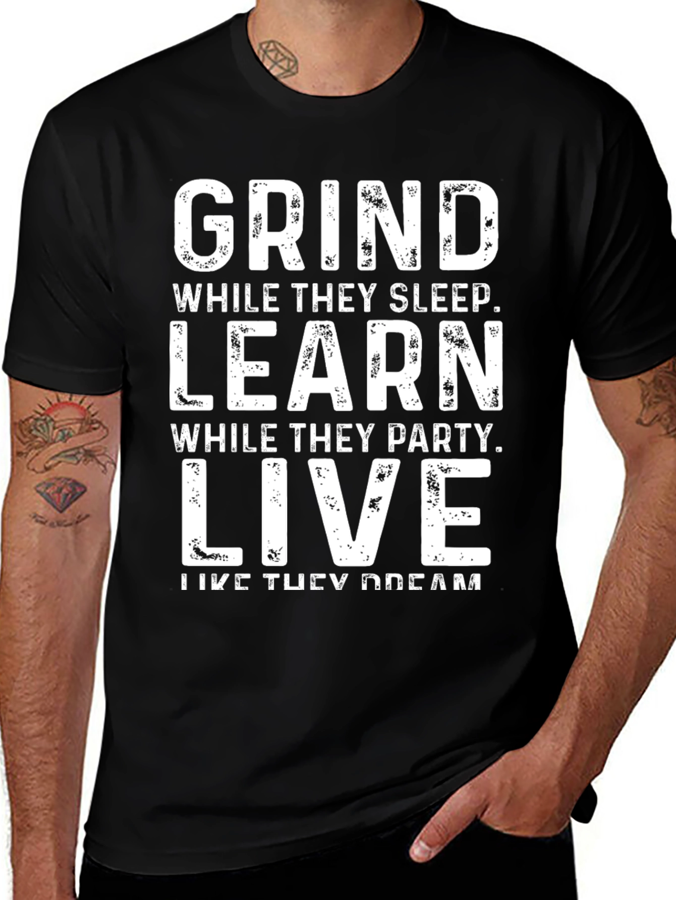 Grind Learn Live Graphic Tee - Motivational Black T-Shirt