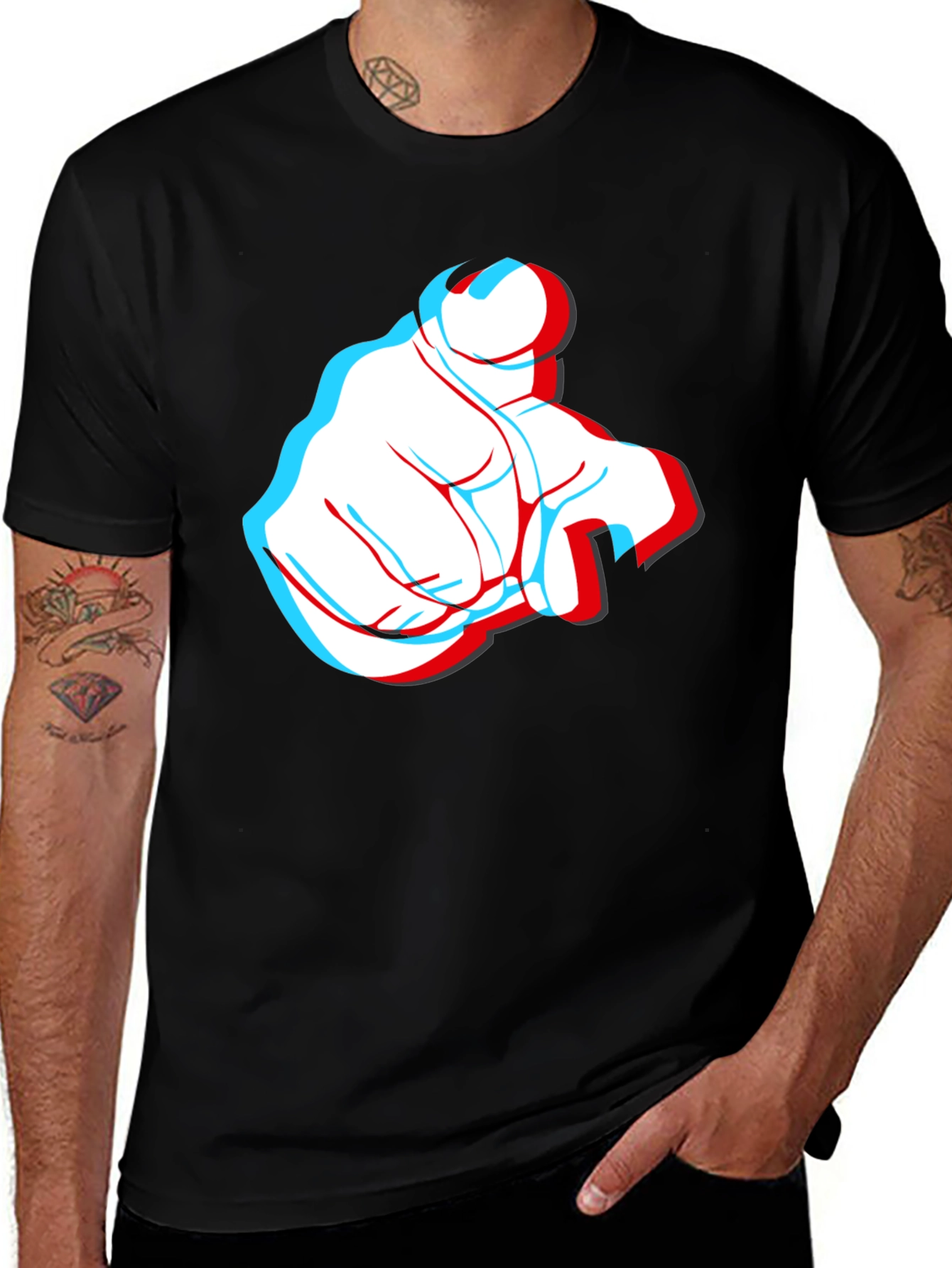 Pointing Finger 3D Effect Graphic Black T-Shirt