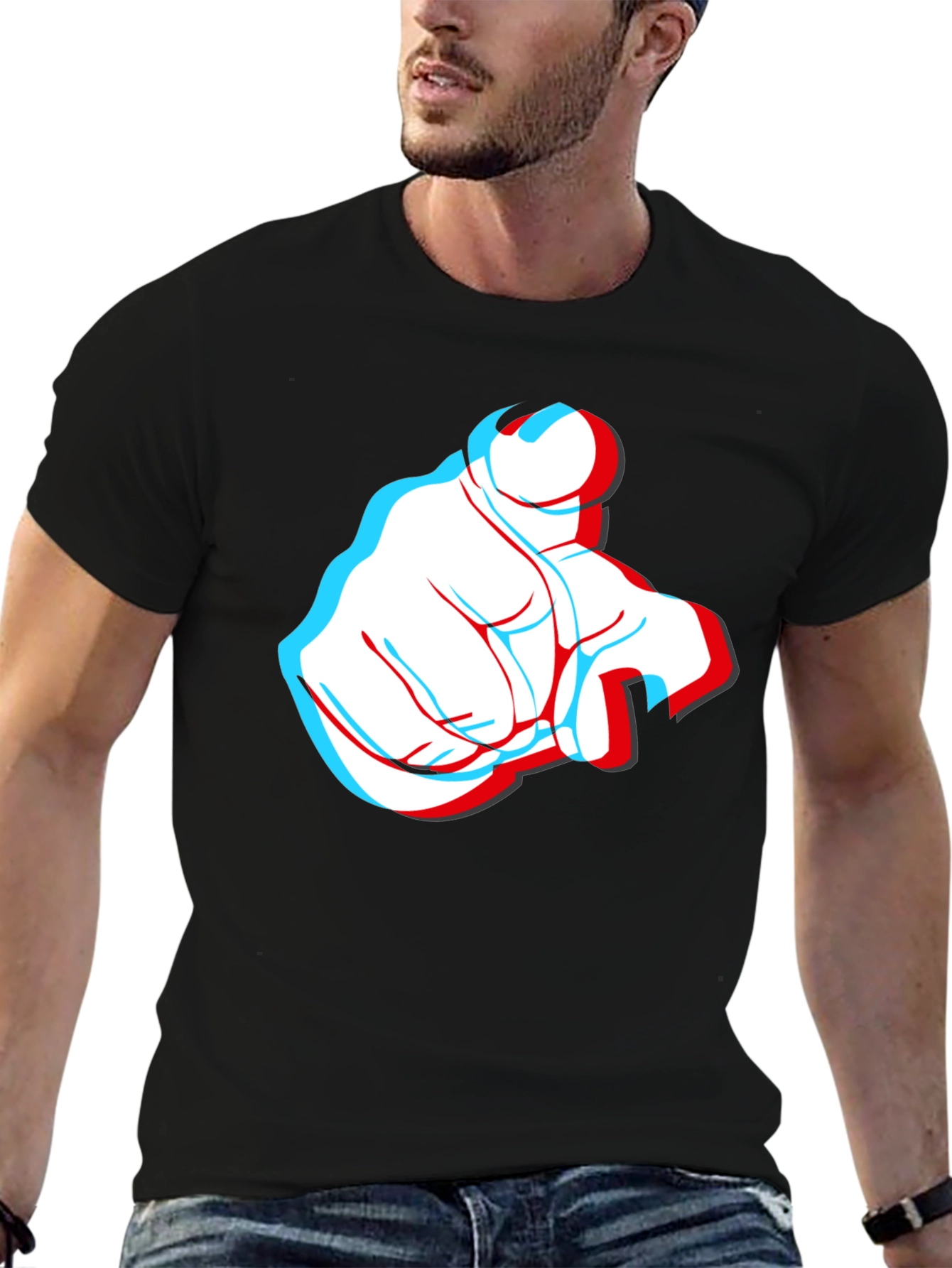 Pointing Finger 3D Effect Graphic Black T-Shirt