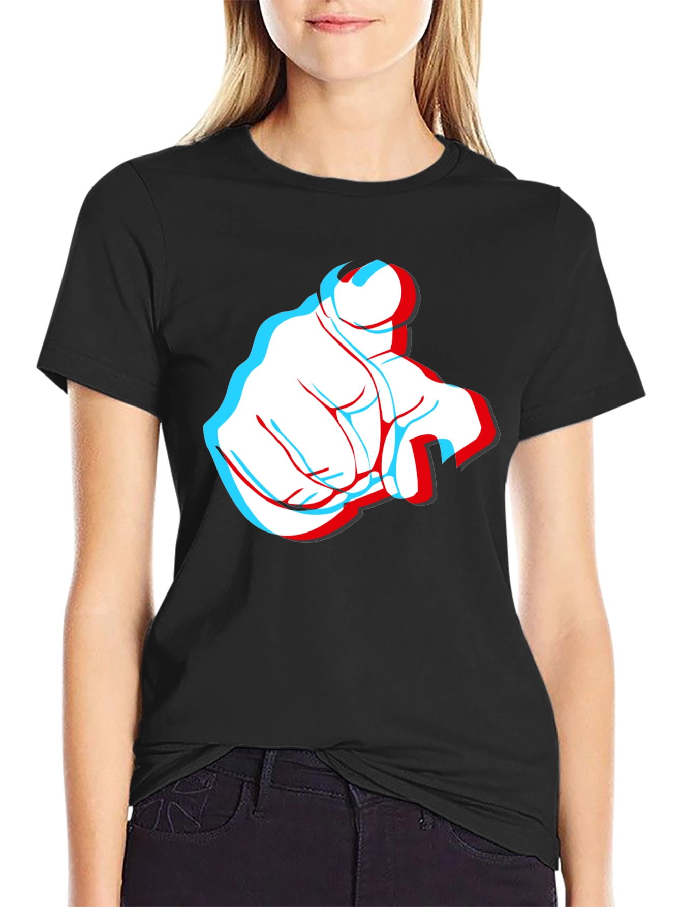 Pointing Finger 3D Effect Graphic Black T-Shirt