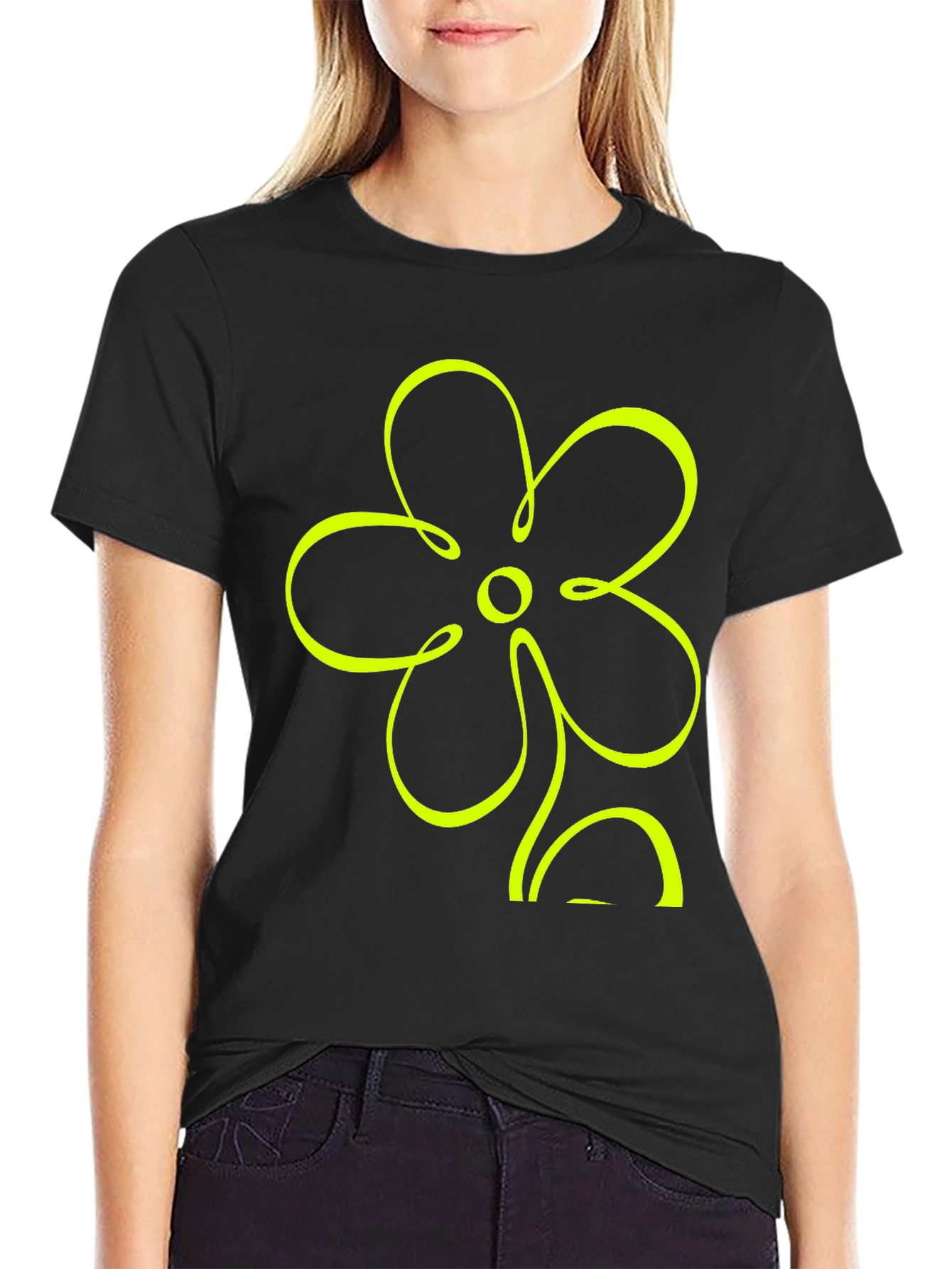 Black T-Shirt with Neon Flower Graphic