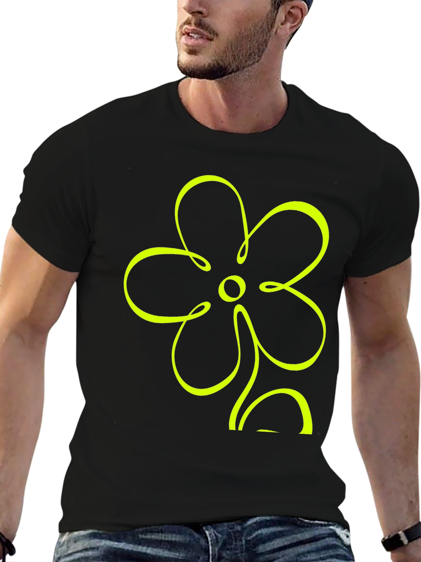 Black T-Shirt with Neon Flower Graphic