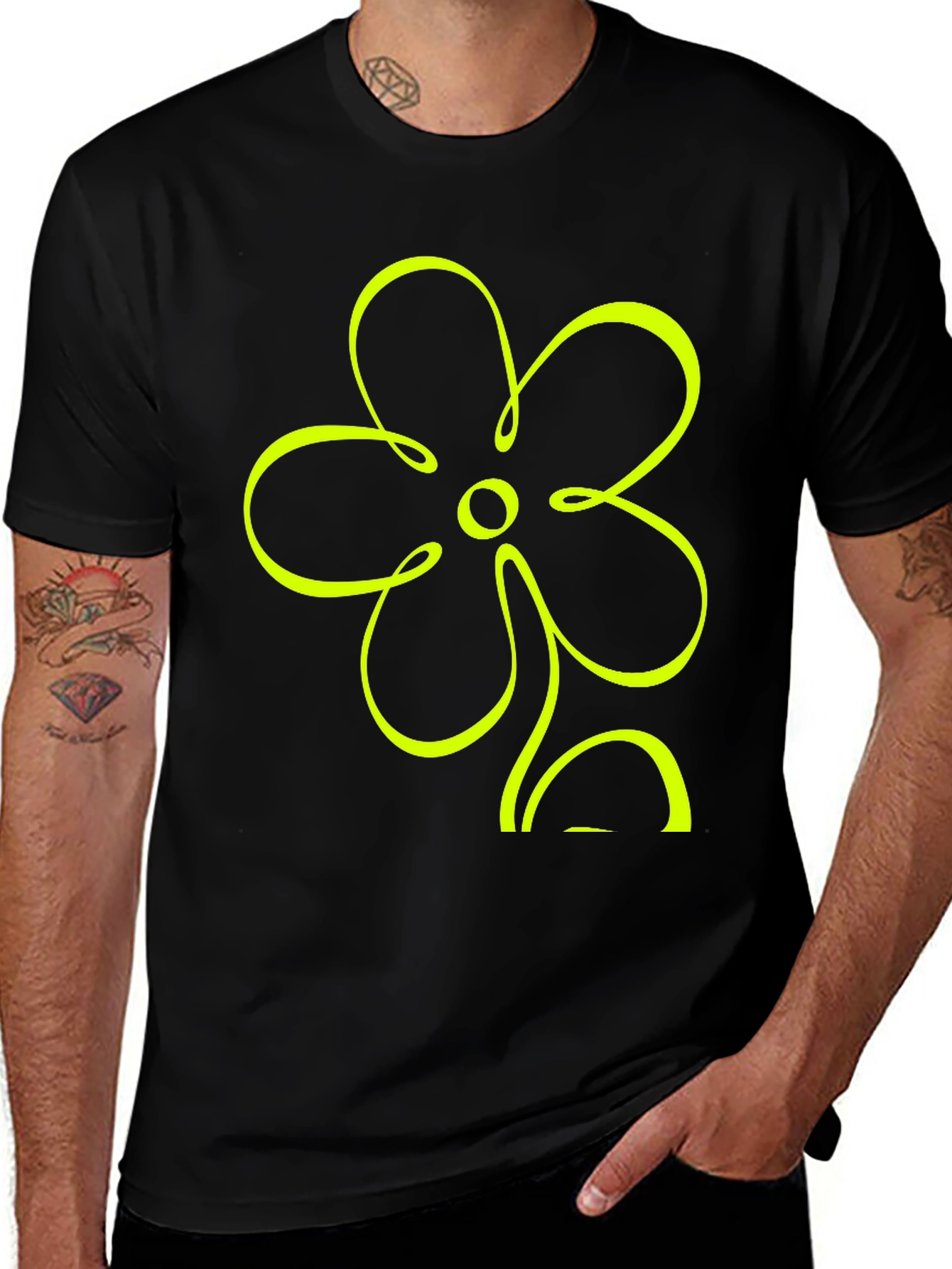 Black T-Shirt with Neon Flower Graphic