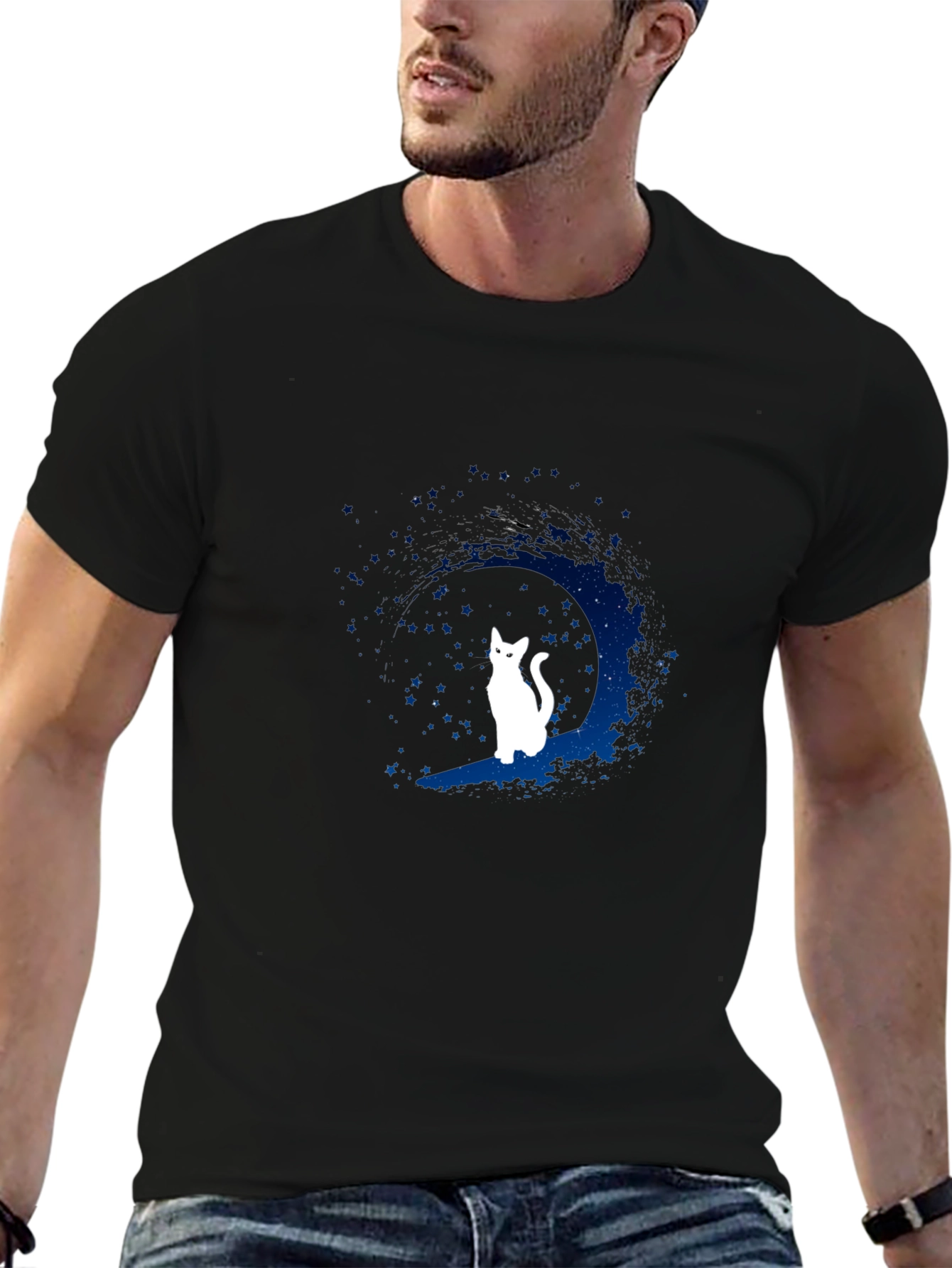 Moon Cat Graphic Tee - Black Cotton Blend