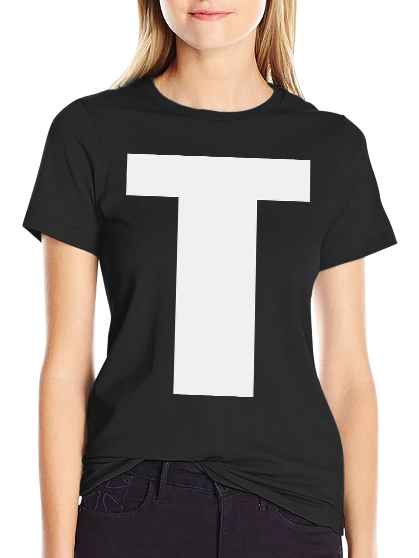 Bold White Letter T Graphic Black Cotton T-Shirt