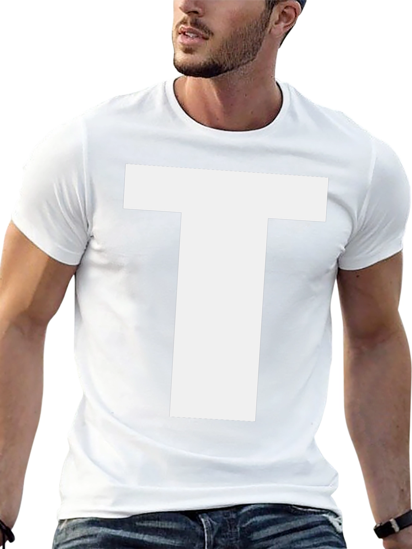Bold White Letter T Graphic Black Cotton T-Shirt