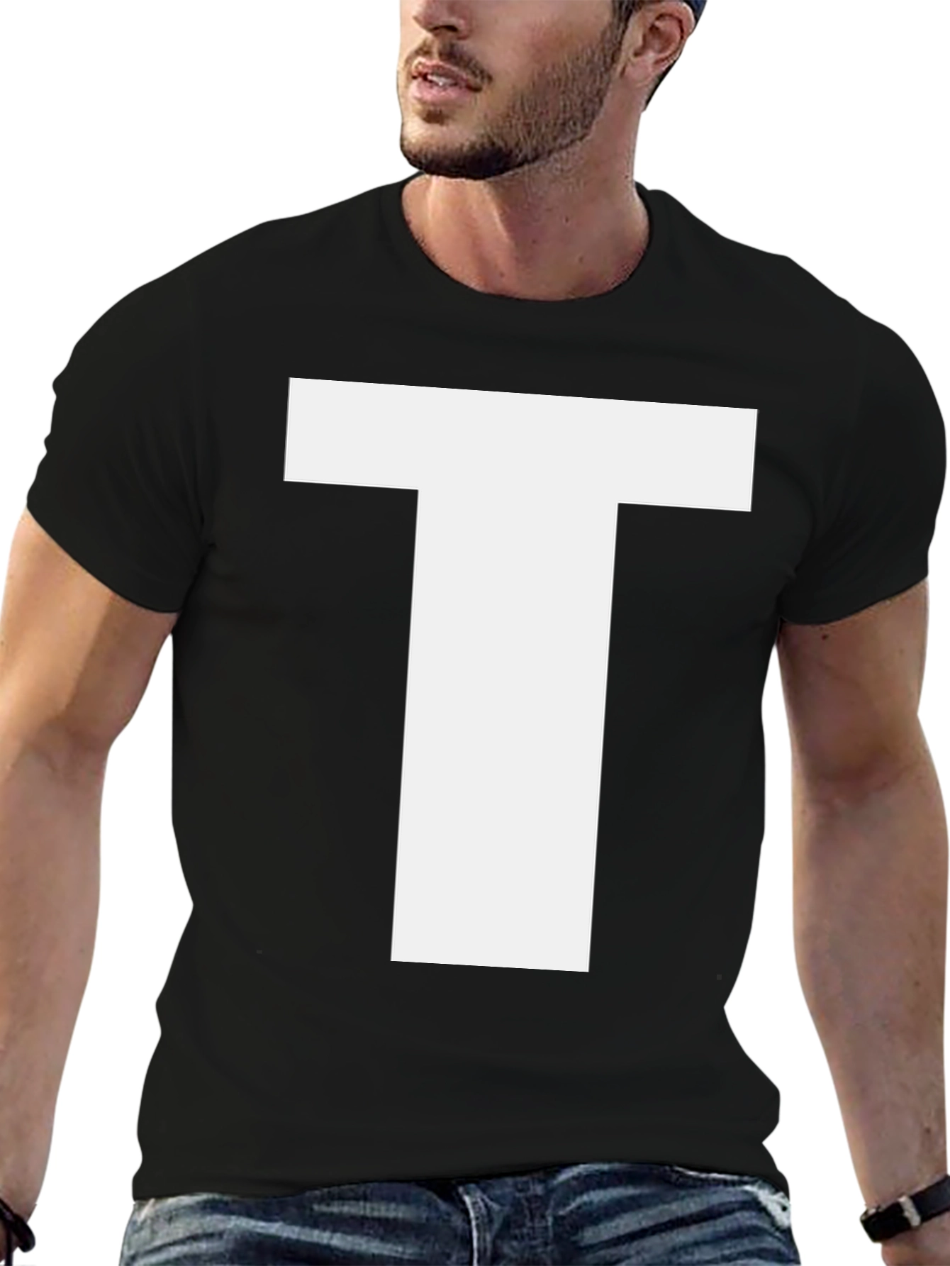 Bold White Letter T Graphic Black Cotton T-Shirt