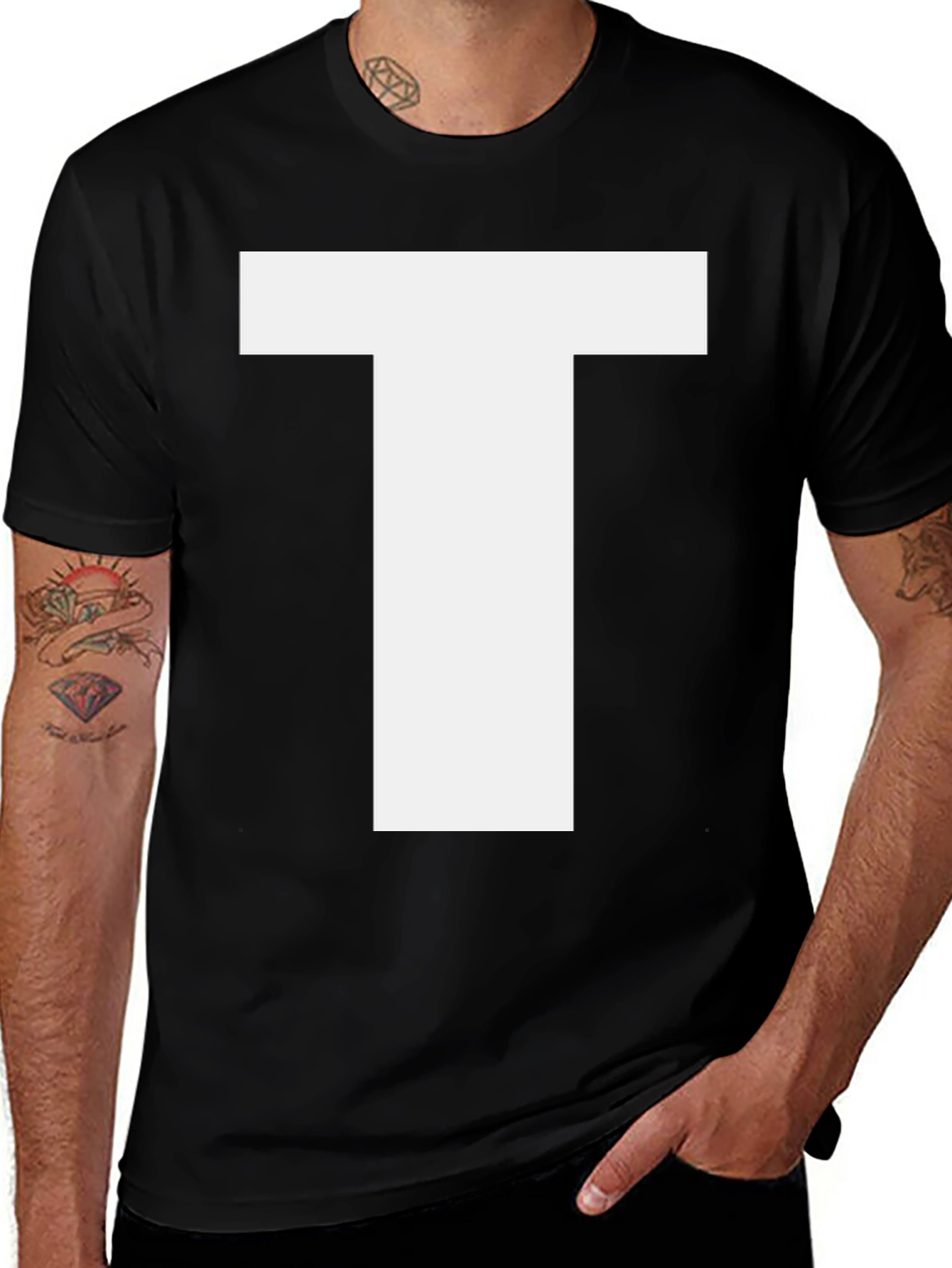 Bold White Letter T Graphic Black Cotton T-Shirt