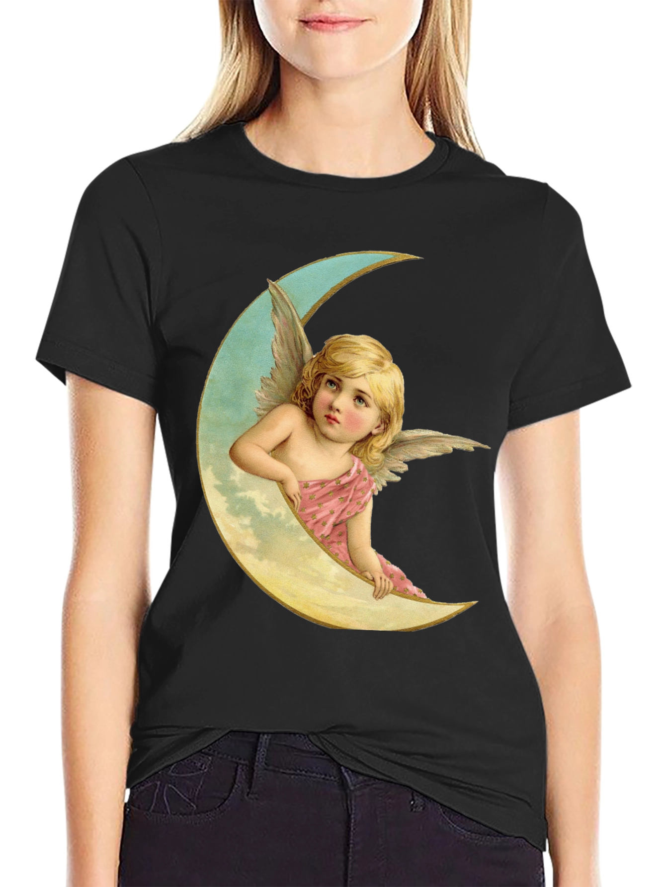 Angel on Moon Graphic Tee - Black