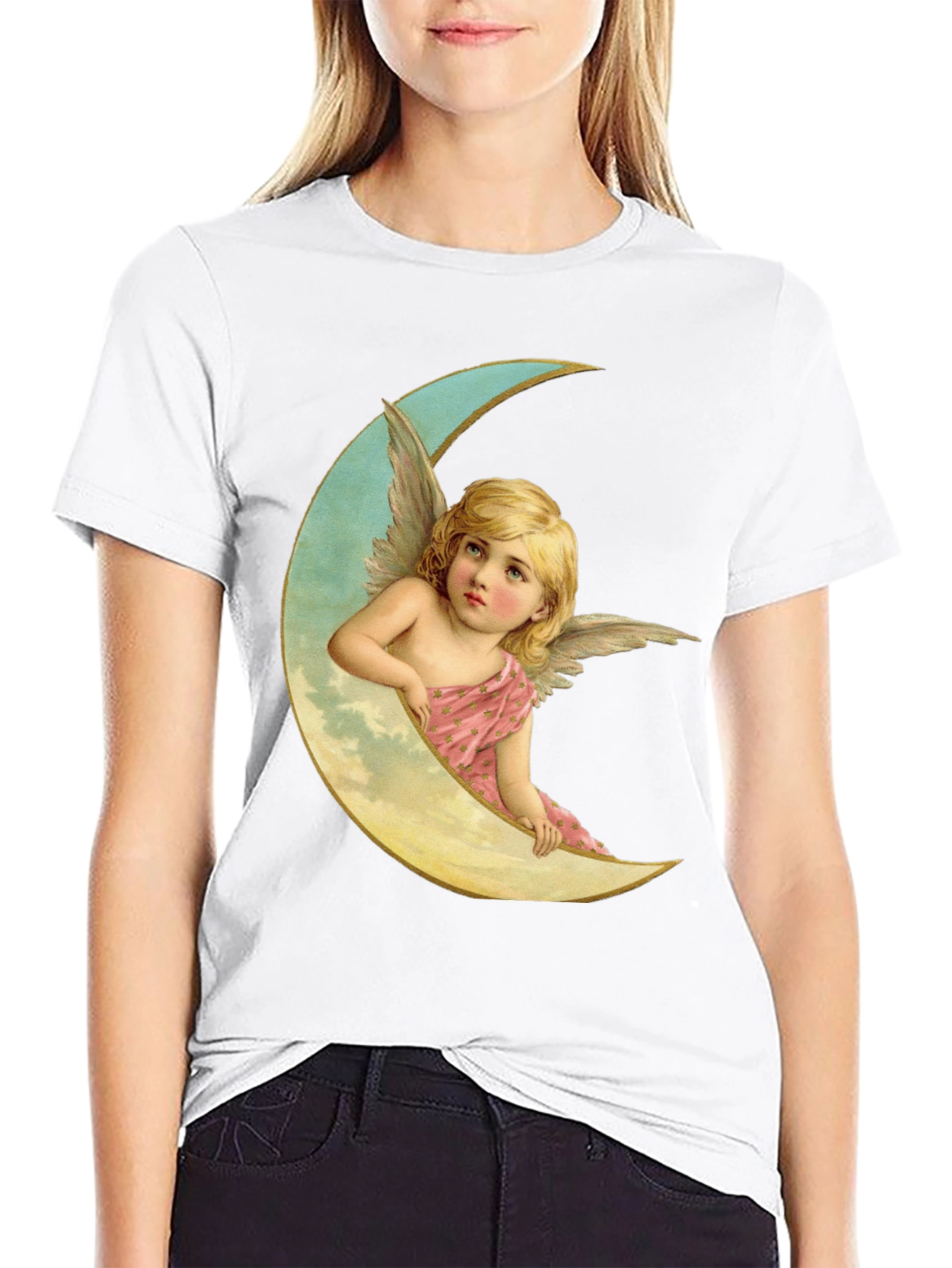 Angel on Moon Graphic Tee - Black