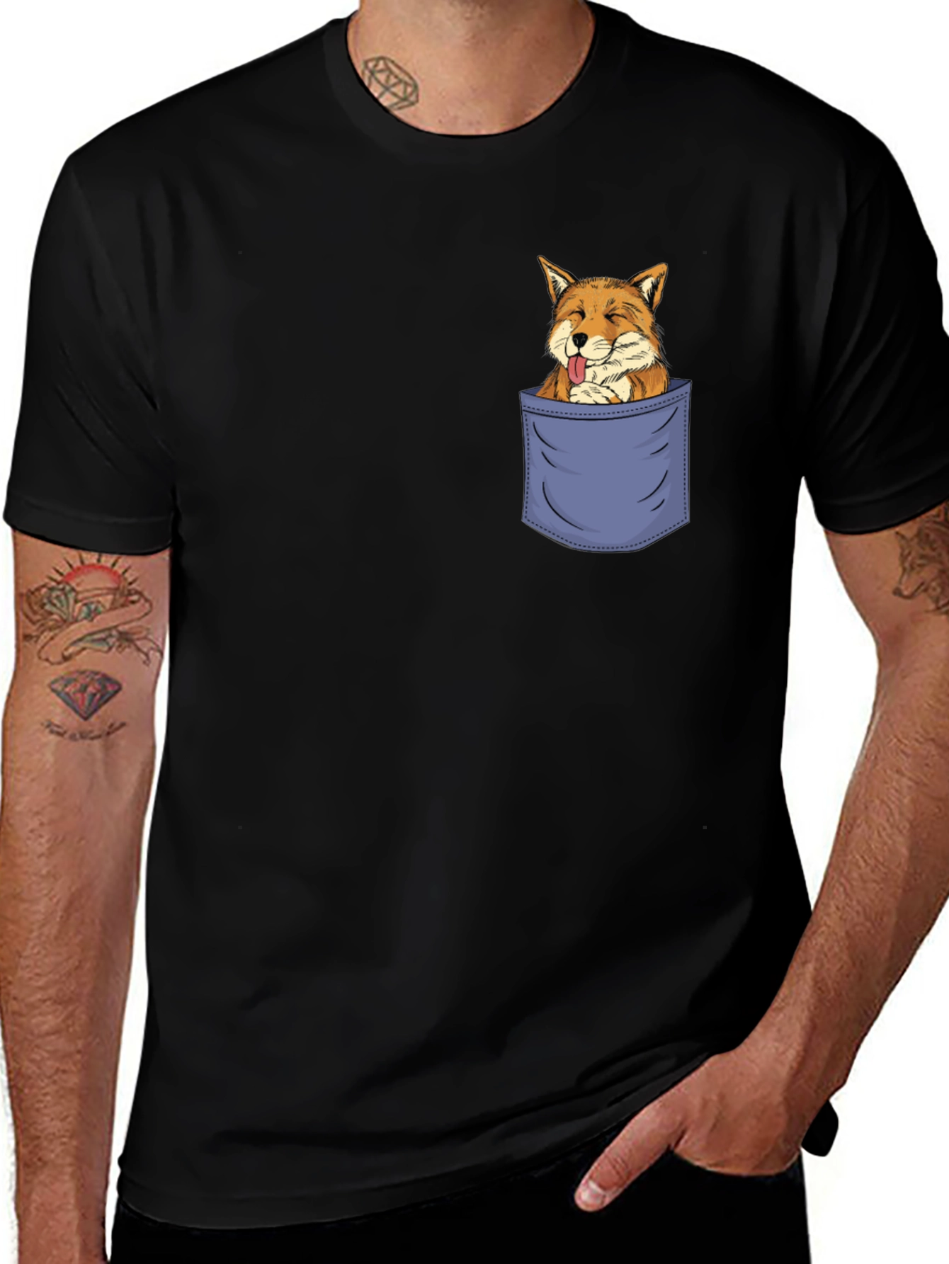 Fox in Pocket Graphic Tee - Mens Black T-Shirt