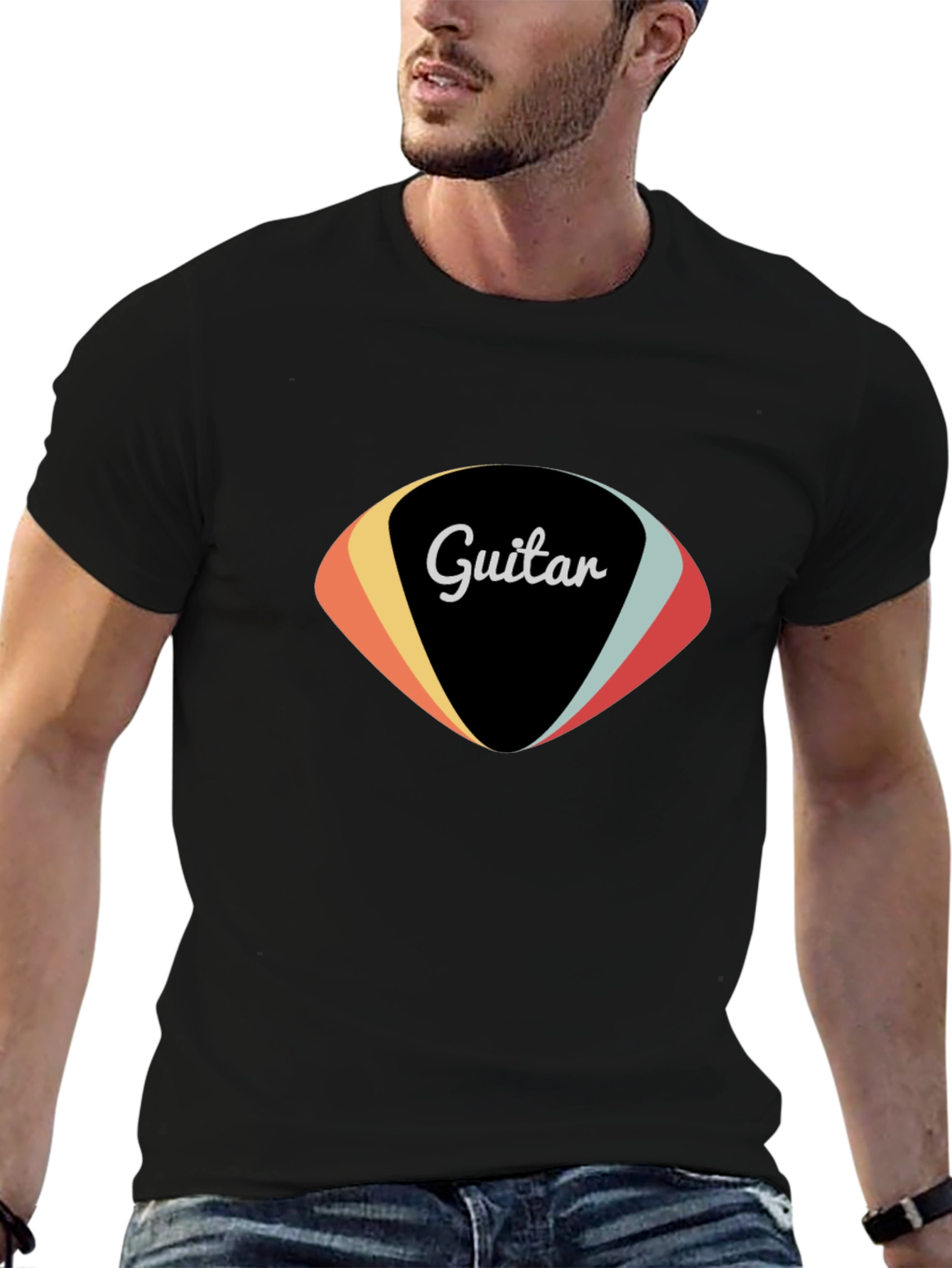 Retro Guitar Pick Graphic Tee - Black Cotton