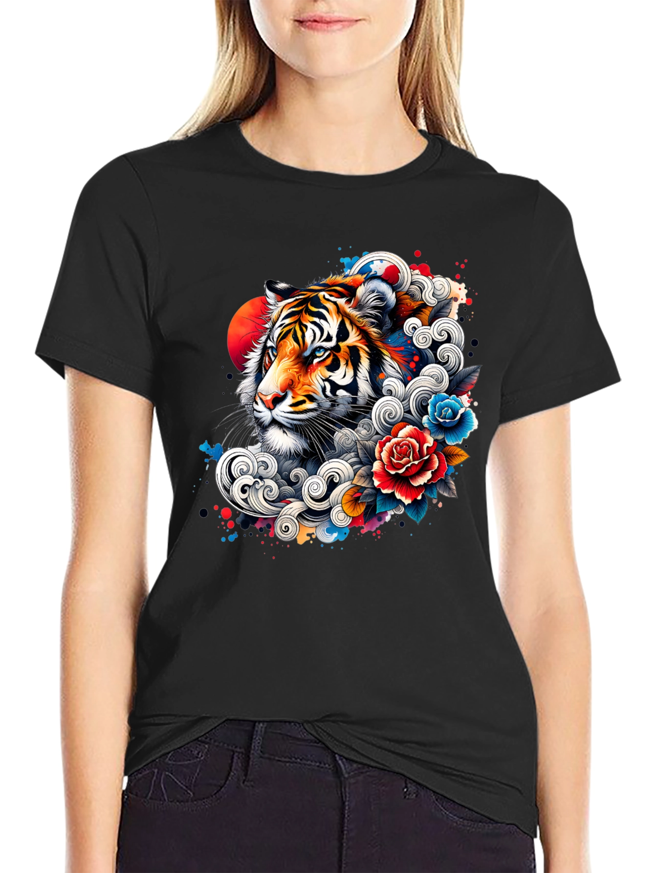 Tiger Floral Graphic Print Black T-Shirt