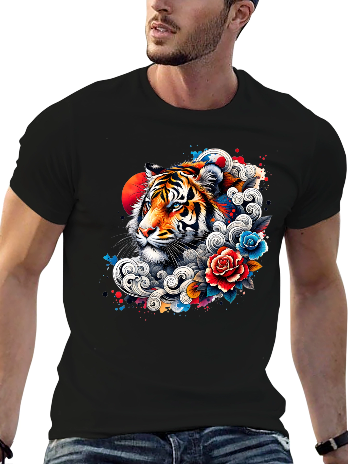 Tiger Floral Graphic Print Black T-Shirt