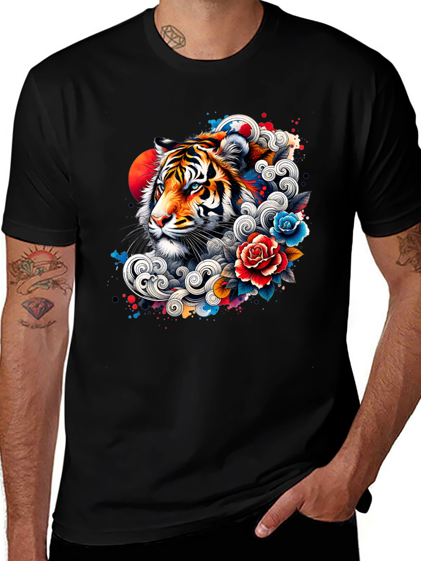 Tiger Floral Graphic Print Black T-Shirt