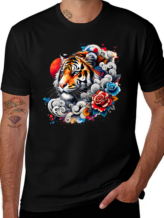 Tiger Floral Graphic Print Black T-Shirt