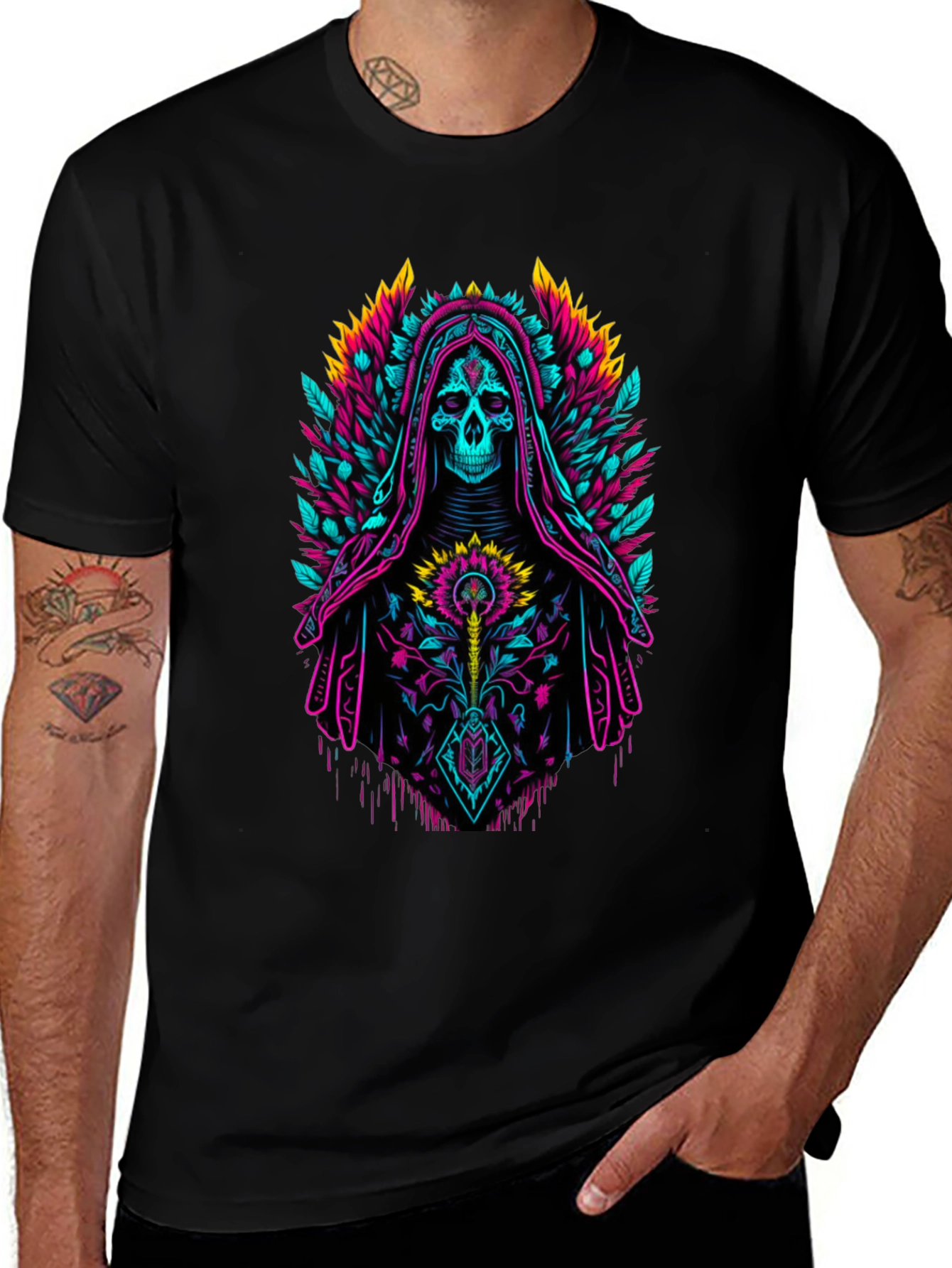 Neon Grim Reaper Graphic Tee - Bold Skull Design