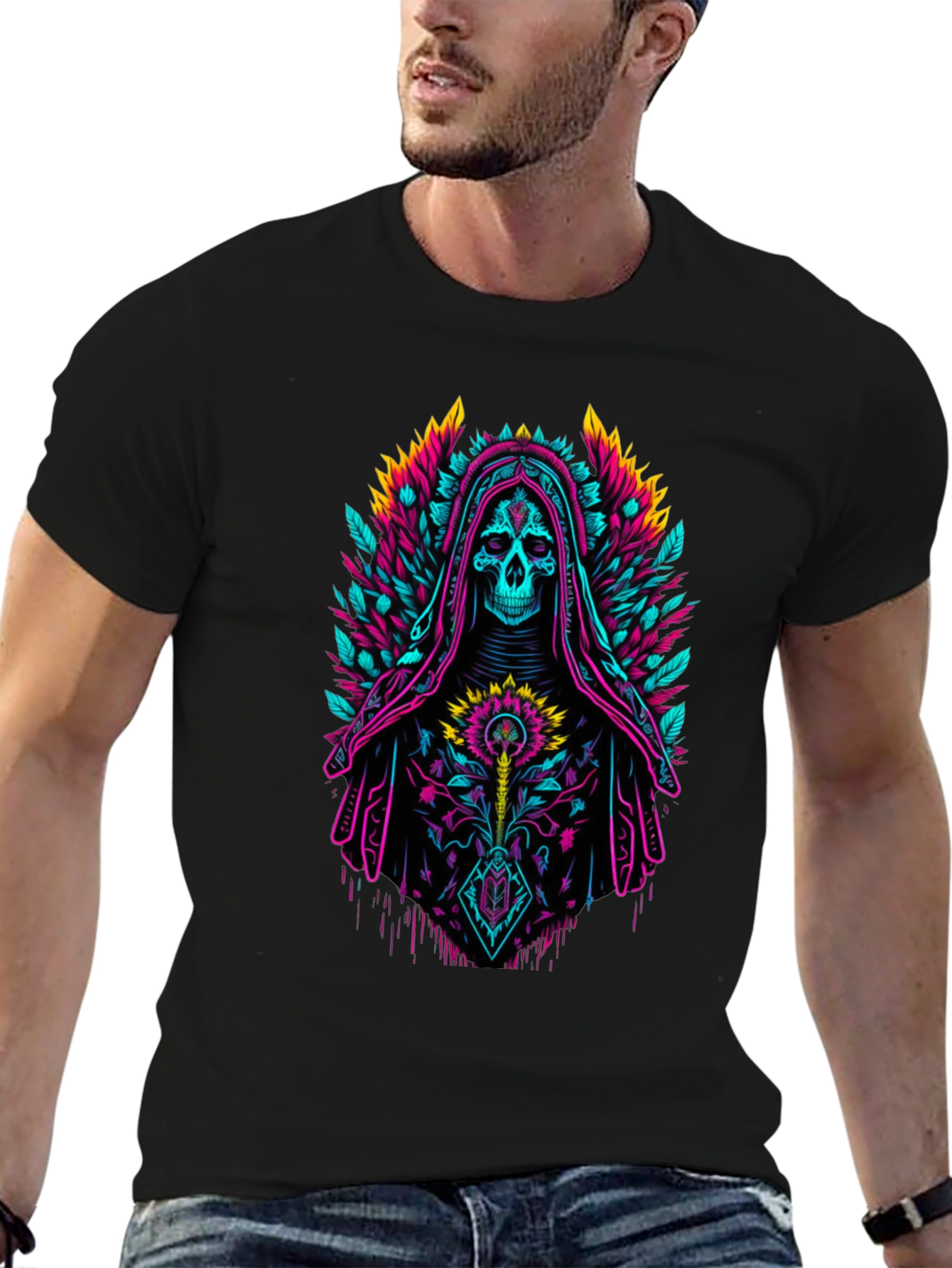 Neon Grim Reaper Graphic Tee - Bold Skull Design