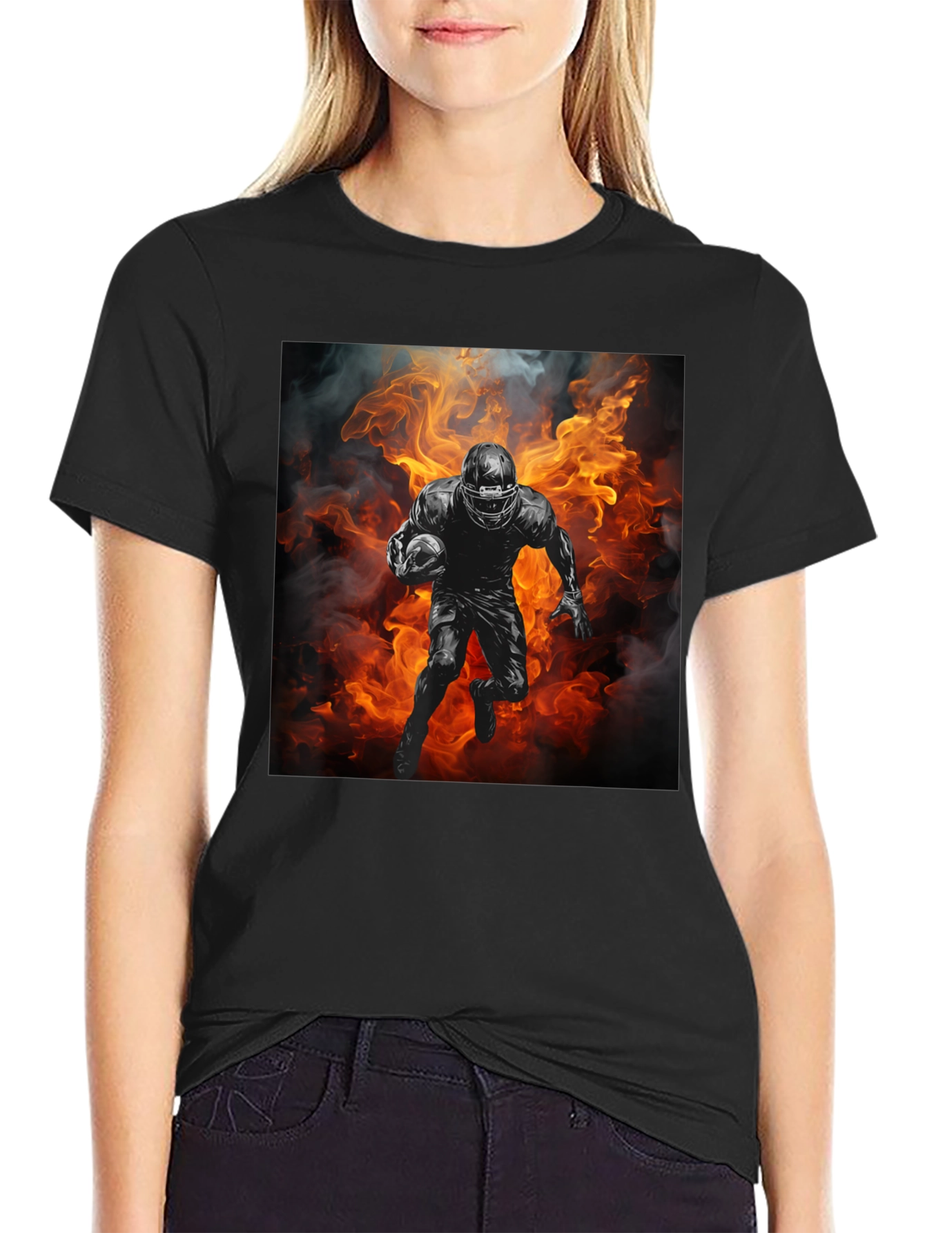 Football Player in Flames Graphic T-Shirt