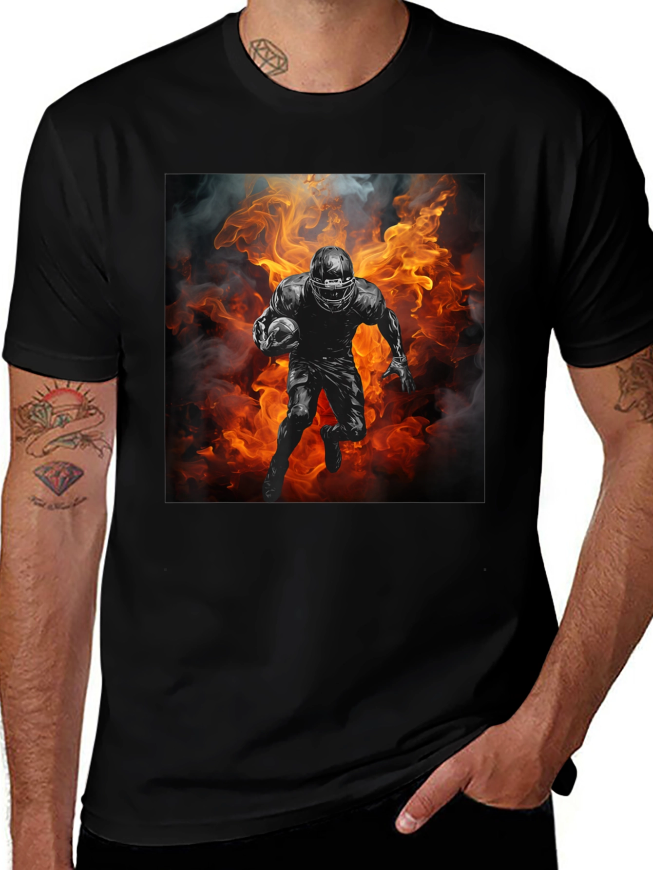 Football Player in Flames Graphic T-Shirt
