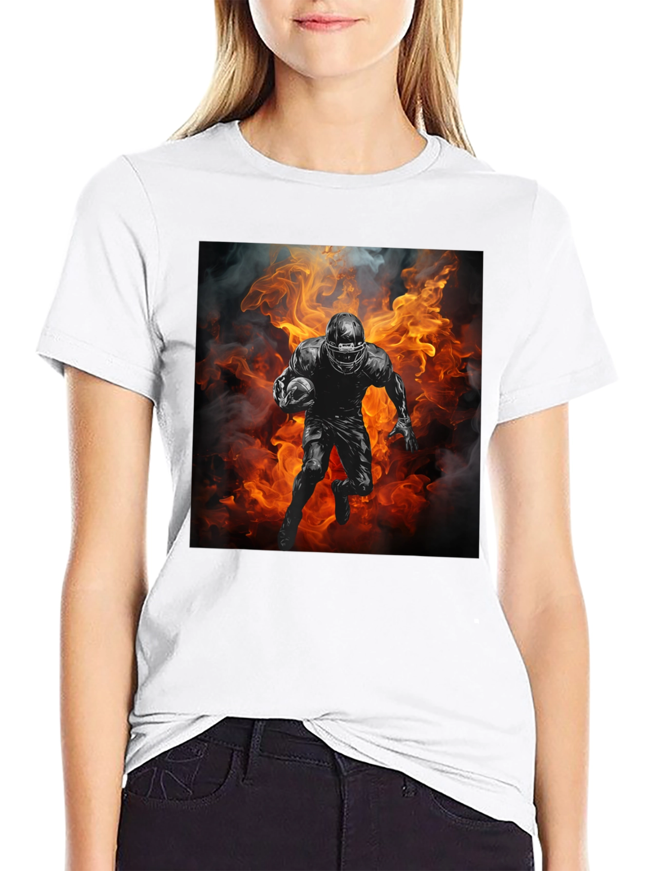 Football Player in Flames Graphic T-Shirt