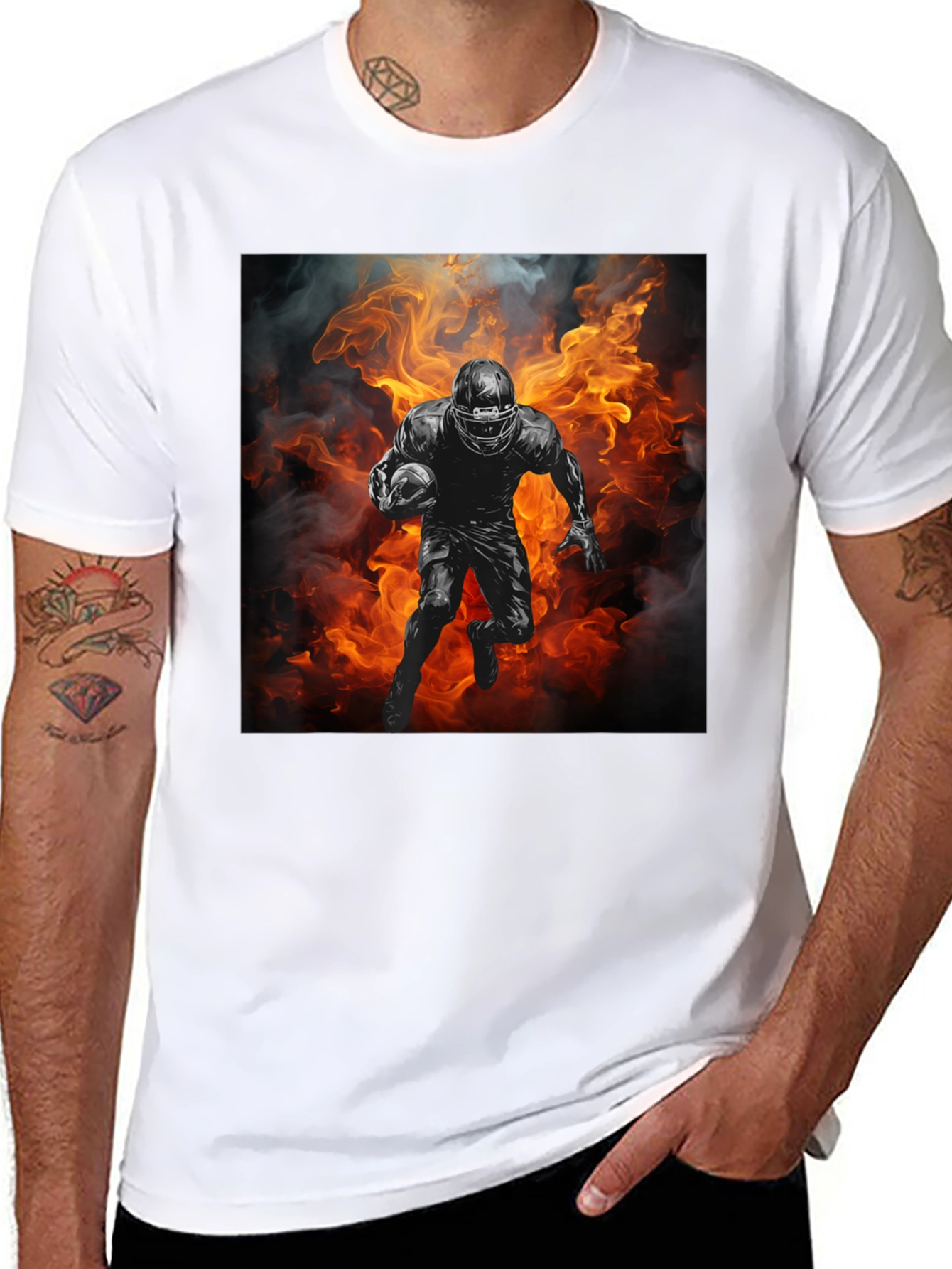 Football Player in Flames Graphic T-Shirt