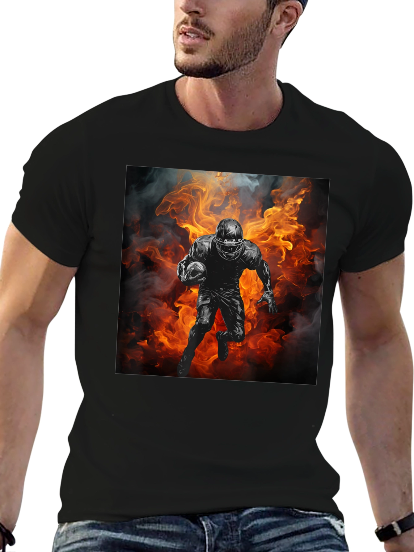 Football Player in Flames Graphic T-Shirt