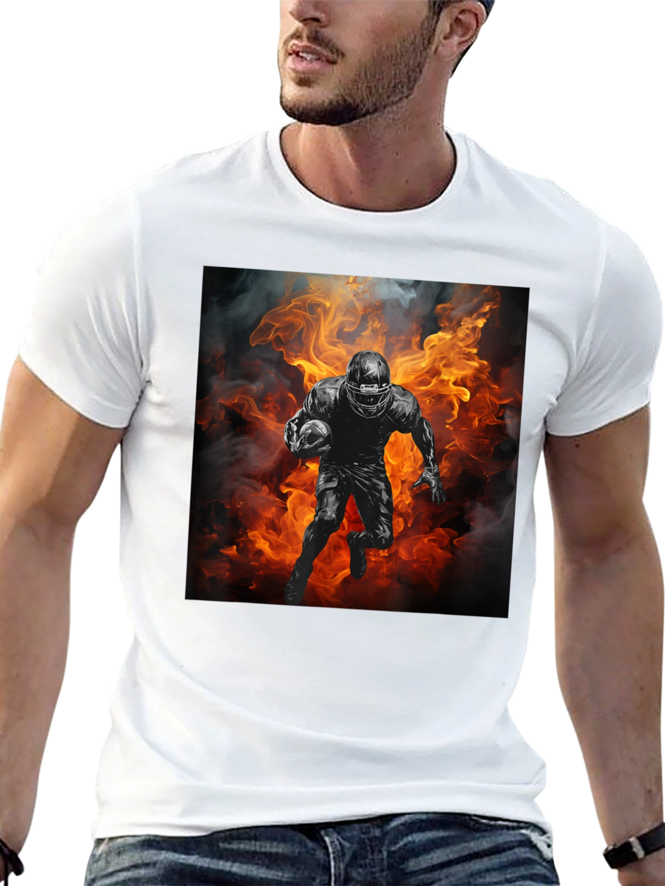 Football Player in Flames Graphic T-Shirt