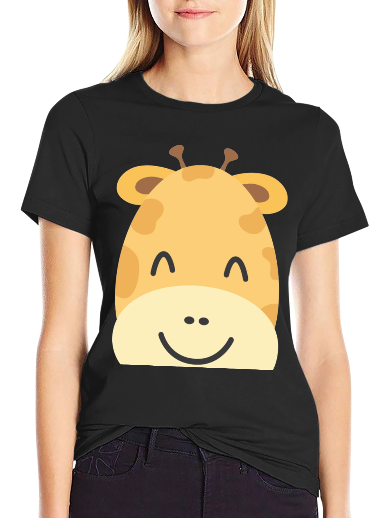 Cute Giraffe Graphic Print Black T-Shirt