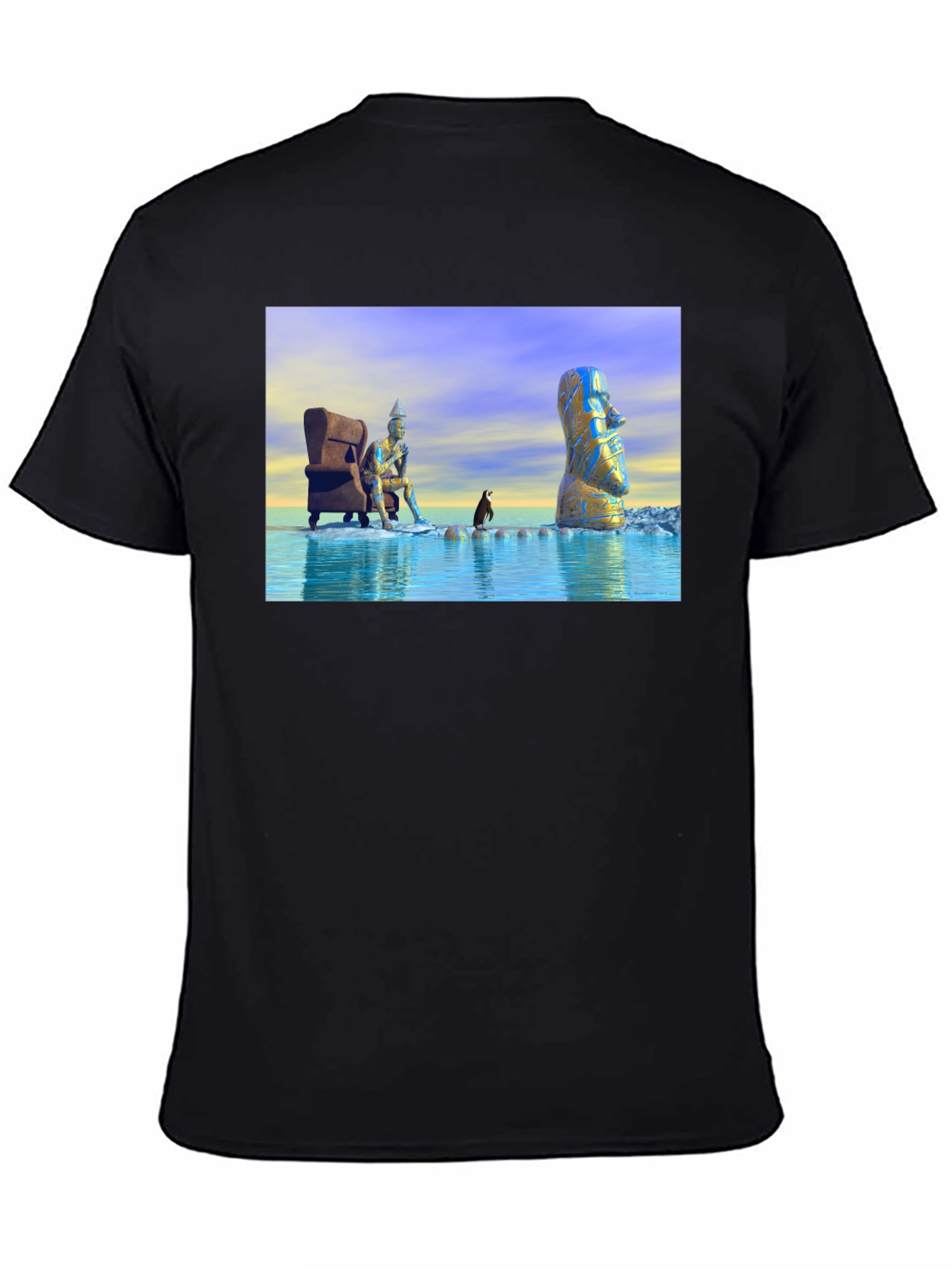 Surreal Art T-Shirt: Moai Thinker Penguin