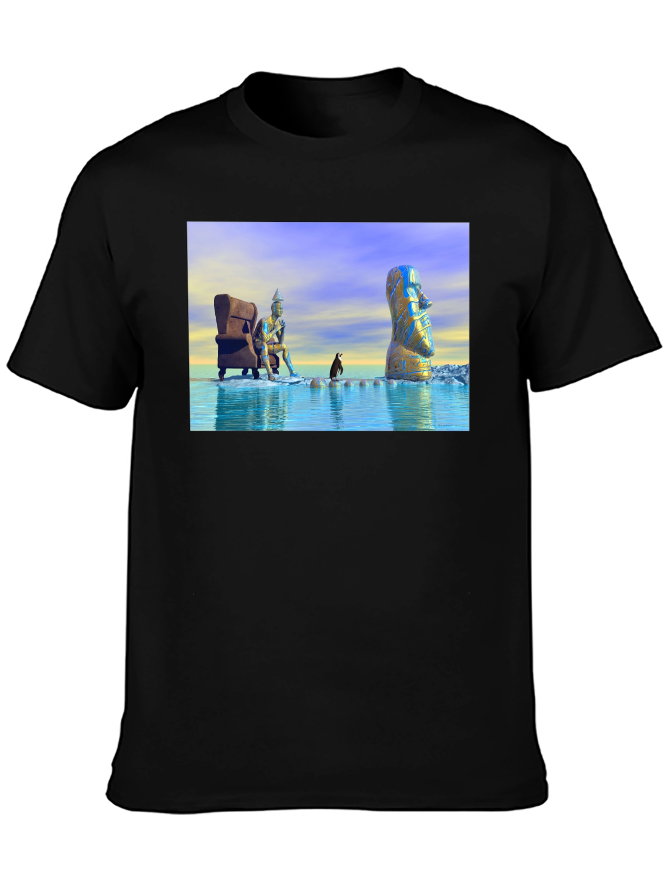 Surreal Art T-Shirt: Moai Thinker Penguin
