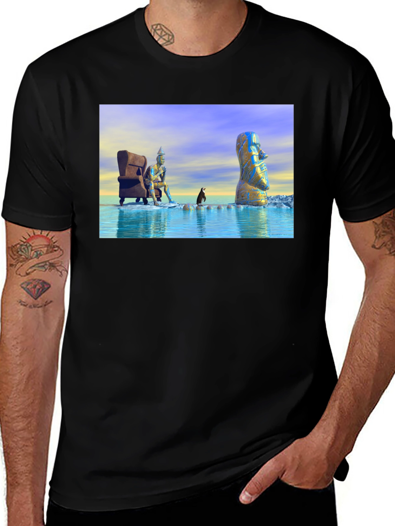 Surreal Art T-Shirt: Moai Thinker Penguin