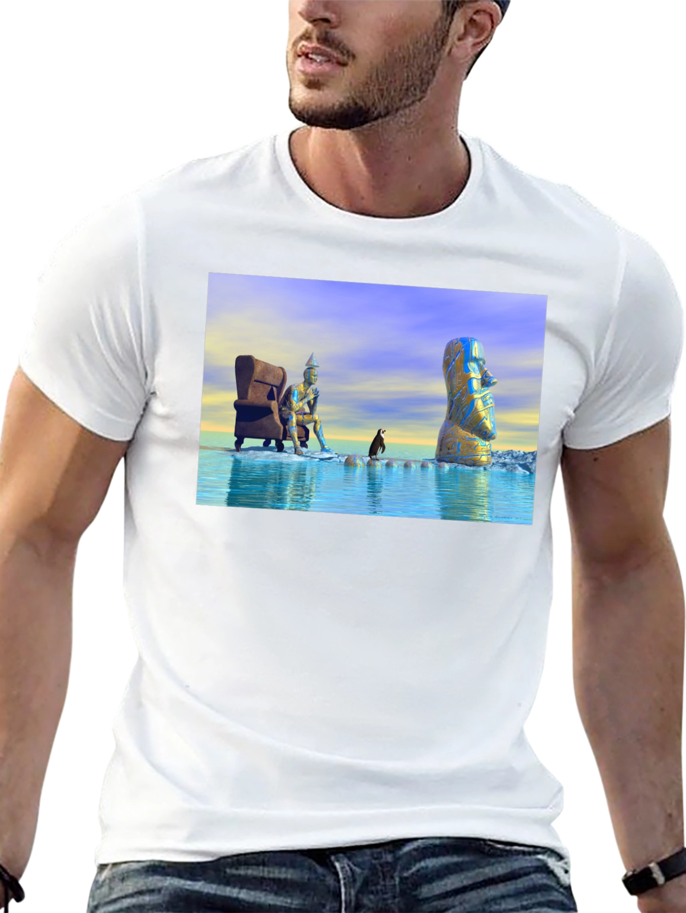 Surreal Art T-Shirt: Moai Thinker Penguin