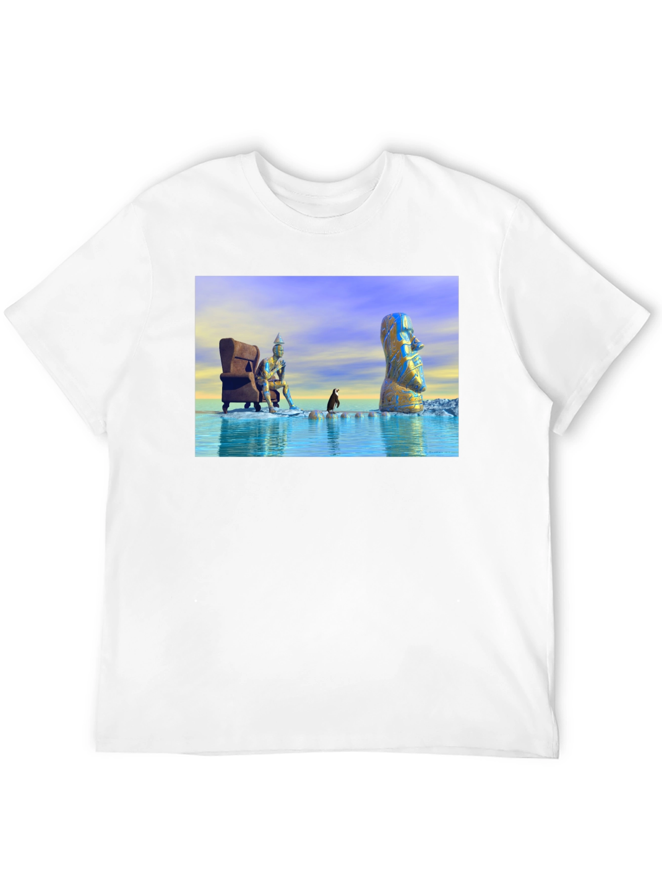 Surreal Art T-Shirt: Moai Thinker Penguin